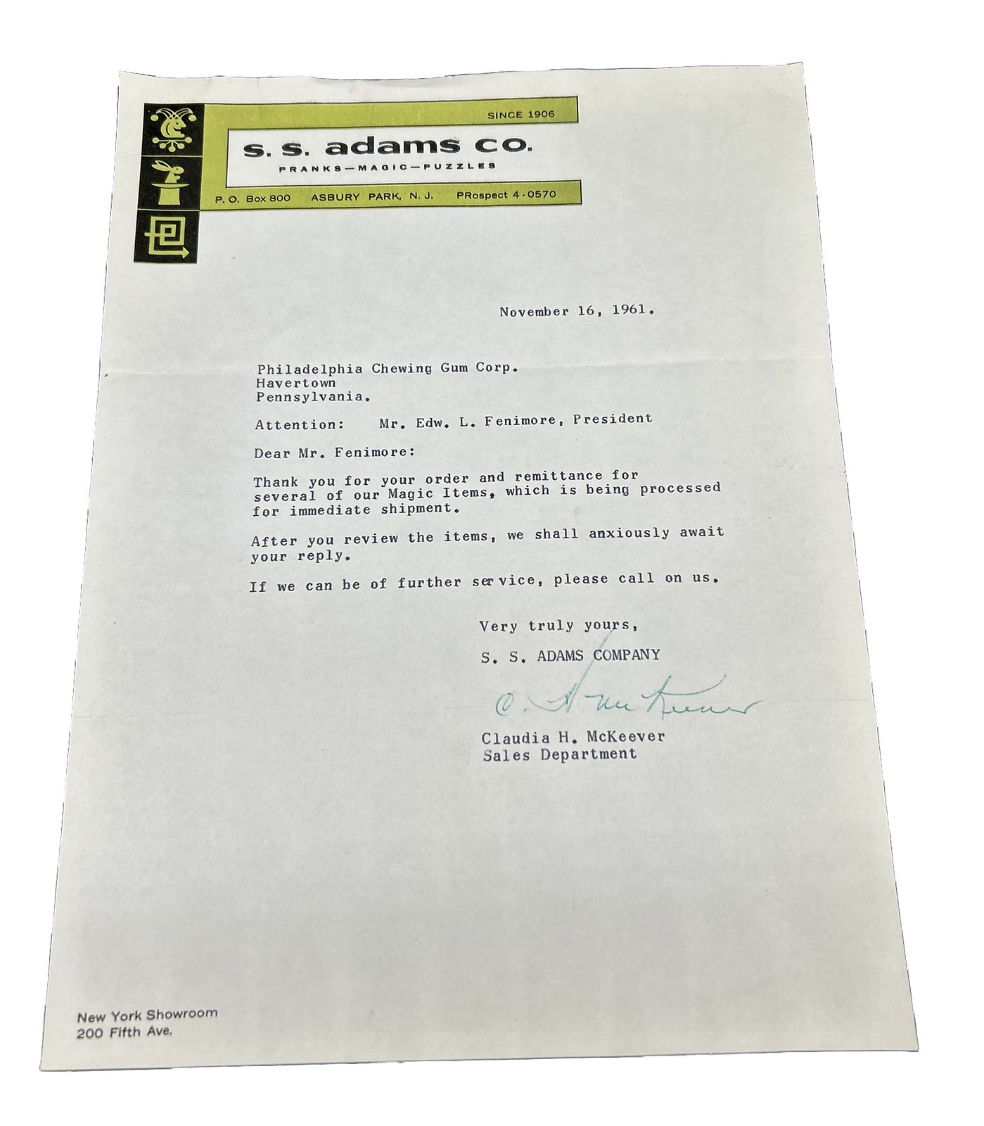 S.S. Adams Co. Letter Dated 1961 Jokers Novelties Magic Puzzles Paperwork Only
