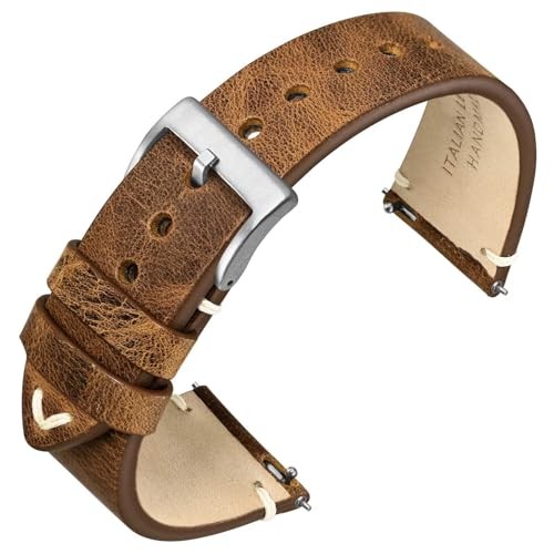 Quick Release Watch Bands, Italian Vintage 18mm Saddle Brown/Silver Buckle