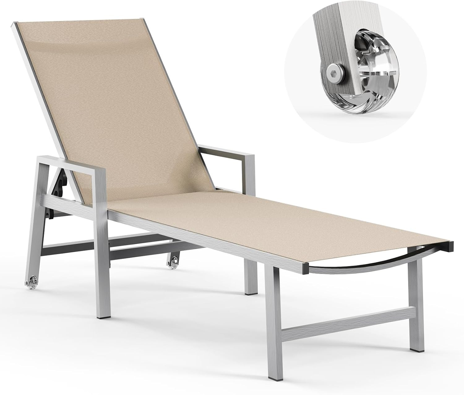 Adjustable Outdoor Chaise Lounge Chair with Wheels & Armrests - Khaki