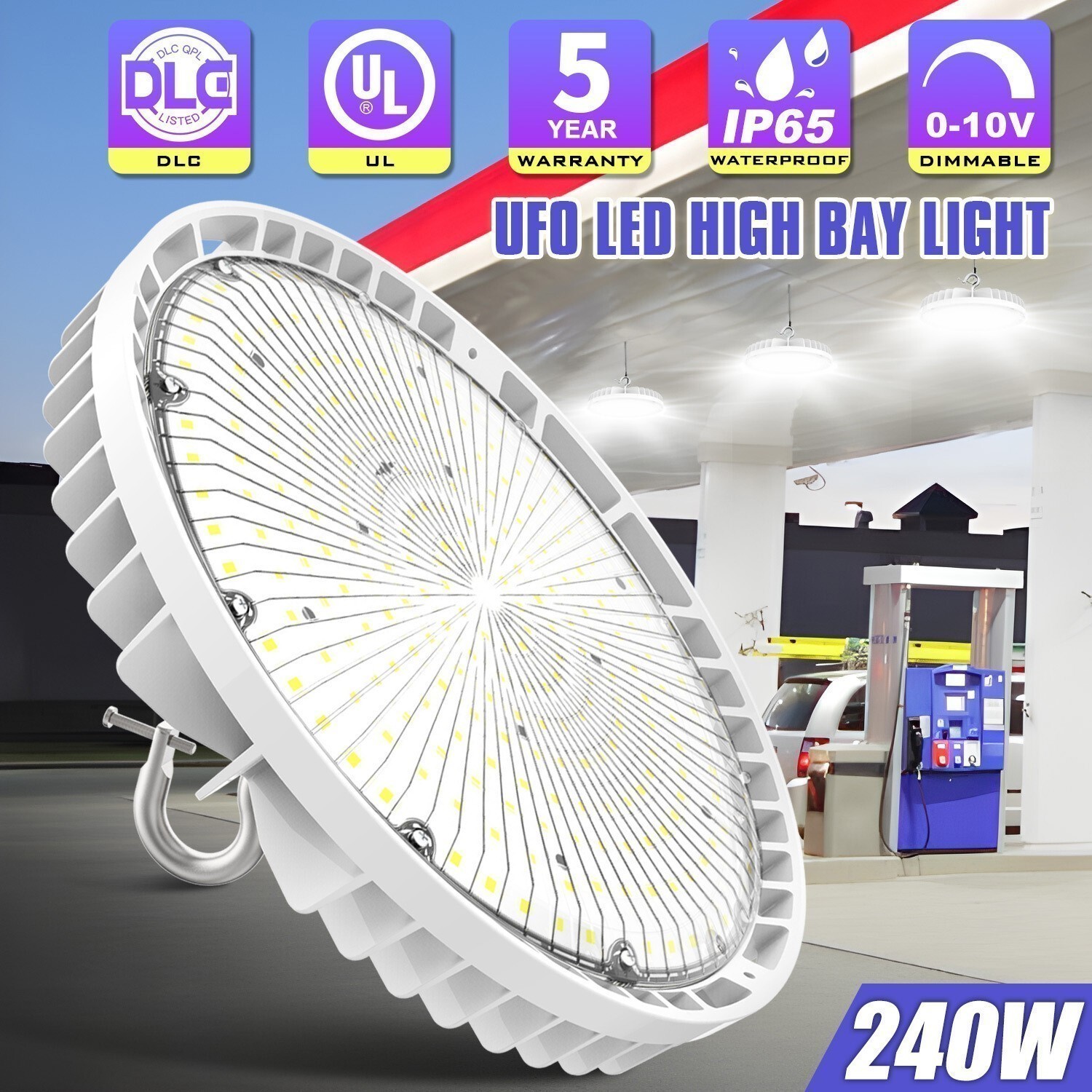 240W UFO LED High Bay Light Dimmable Warehouse Commercial Shop Light 5K Daylight