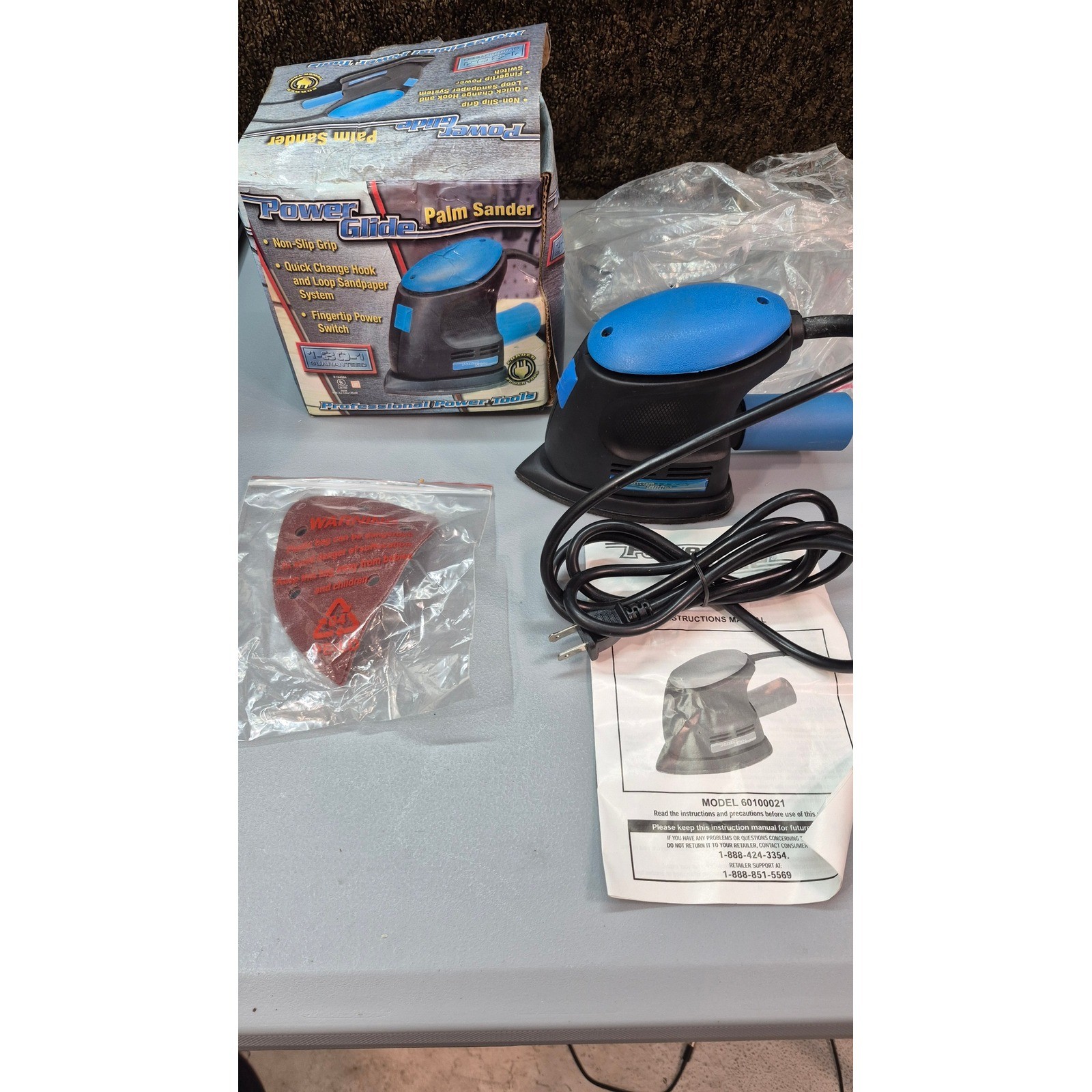 Power Glide Palm Sander New W/ Box Corded 0.8 AMP Hook and Loop Blue Black Tool