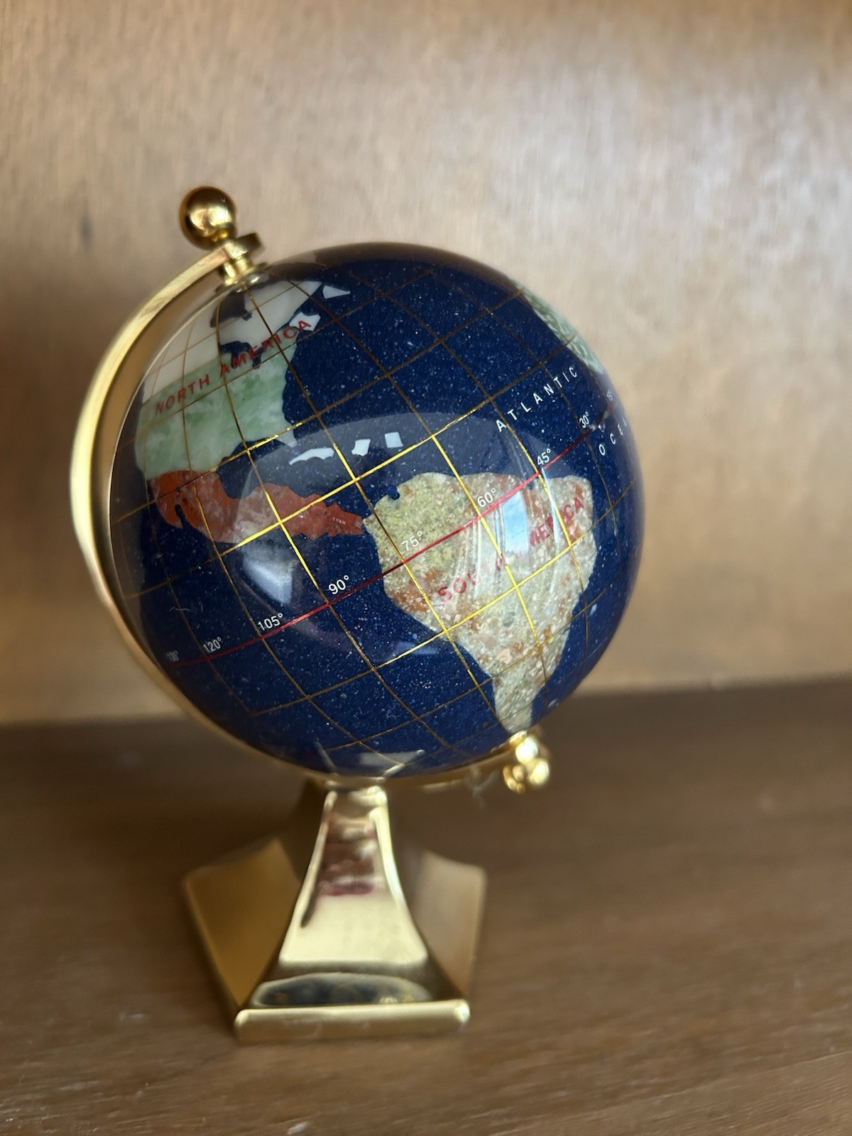 GLOBE Blue Lapis Semi Precious Inlaid Gemstones & Brass Stand Desktop 5.5 Inch.