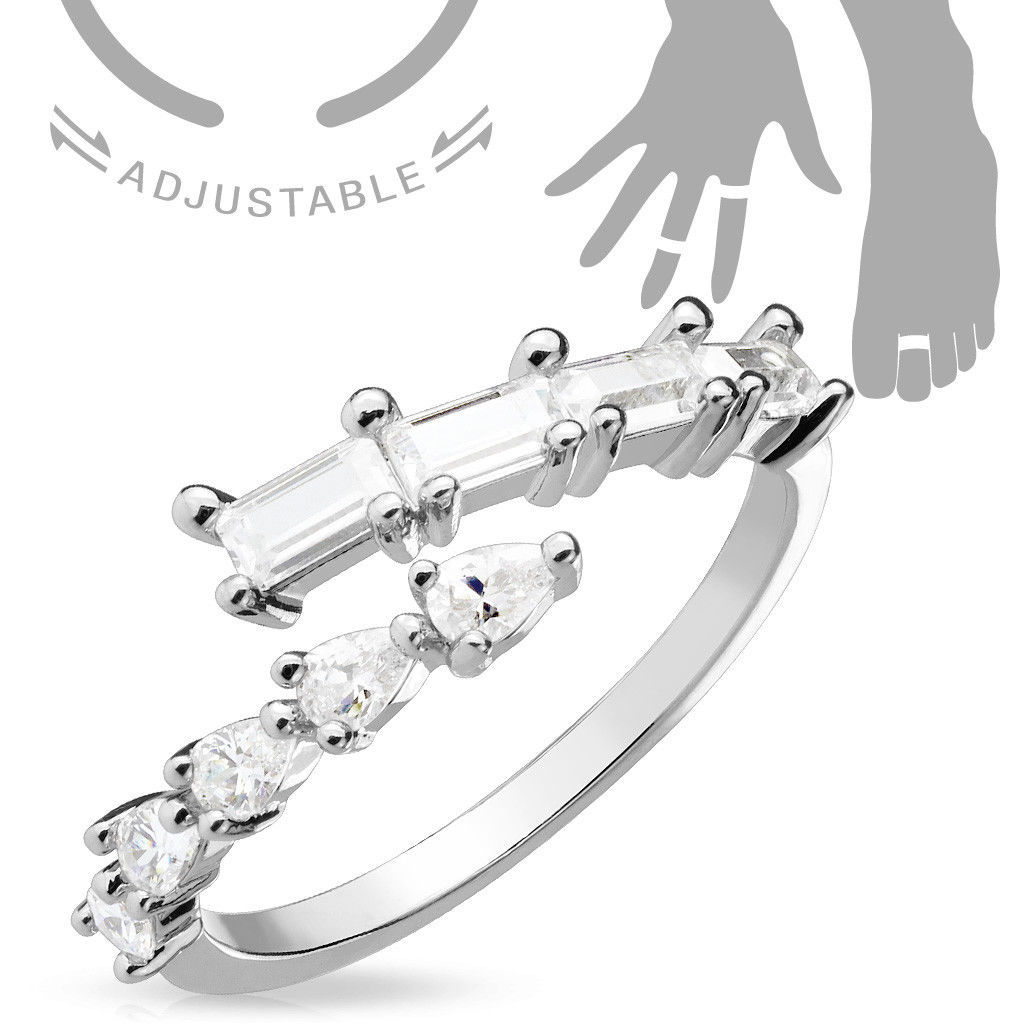 Princess and Pear Cut Crossing CZ Gems Adjustable Mid Ring / Toe Ring