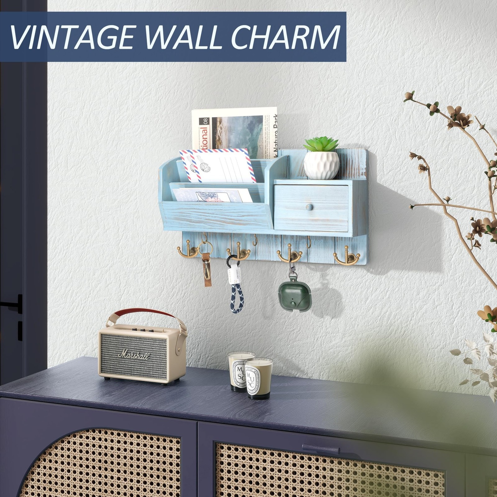 Rebee Vision Key Holder Wall Mount For Room Decor, Distressed Blue