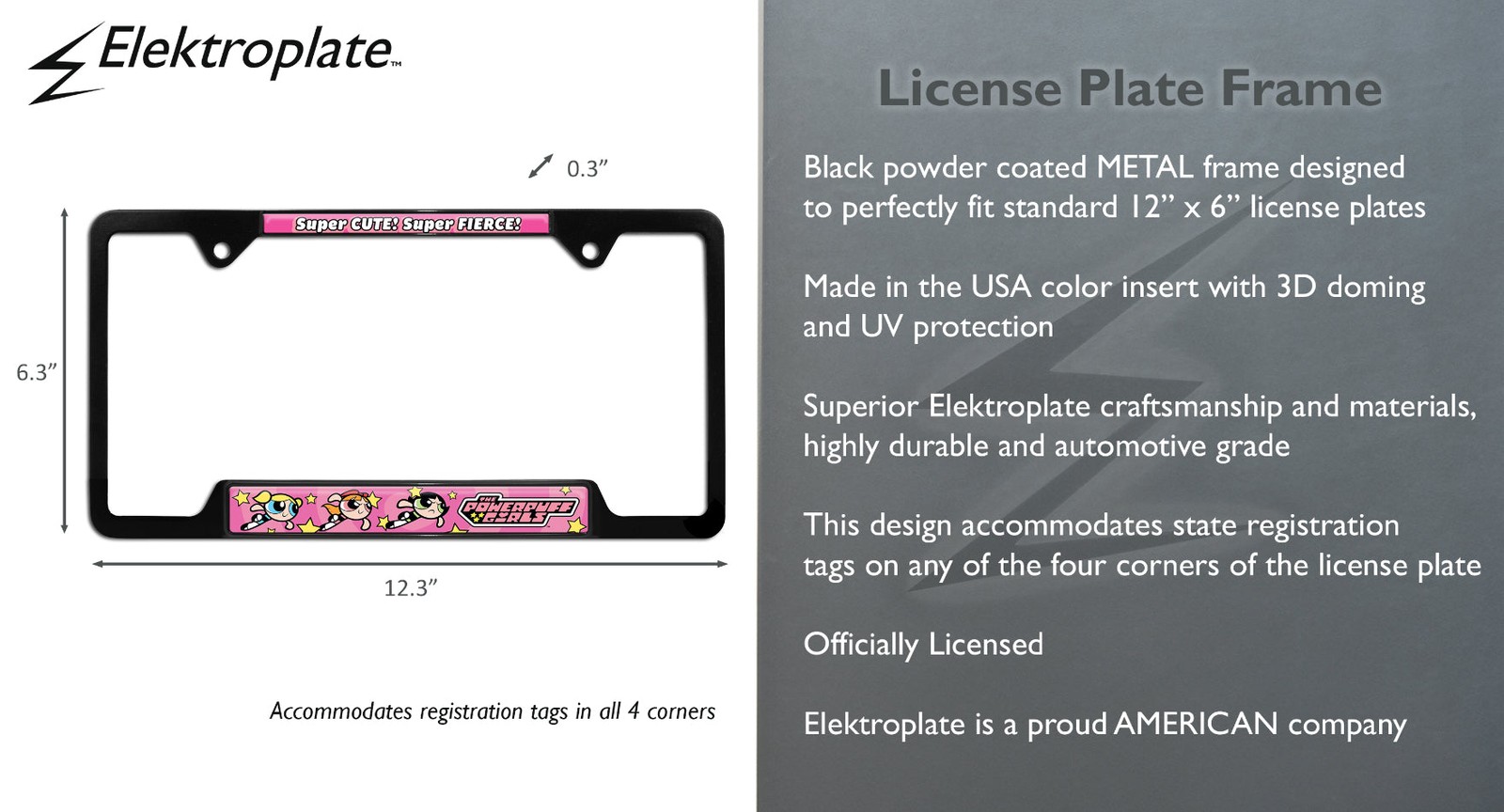 Powerpuff Girls Cute and Fierce Black Metal Open License Plate Frame
