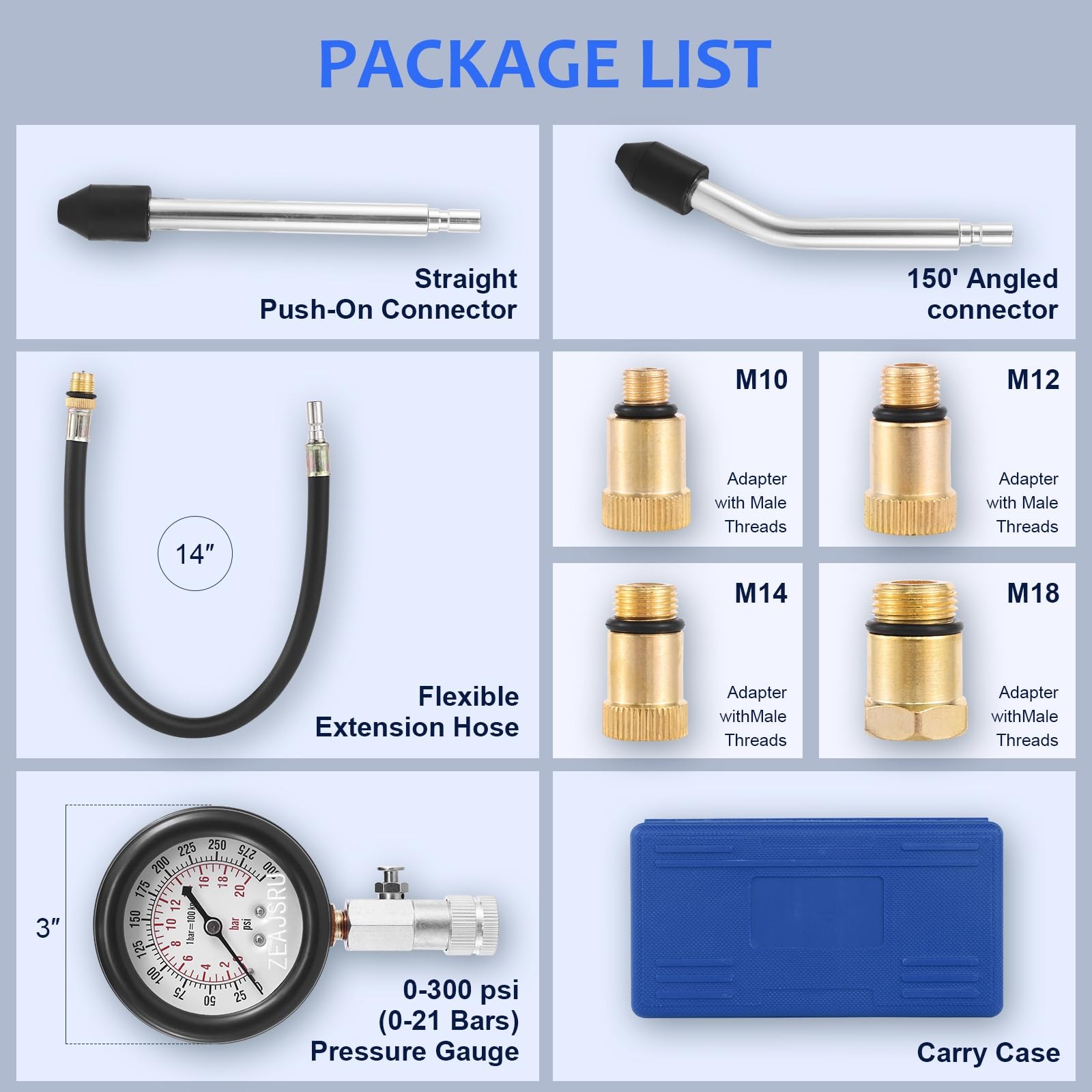 Compression Tester Kit Gasoline Engine Cylinder Pressure Gauge 0300 PSI 8PC
