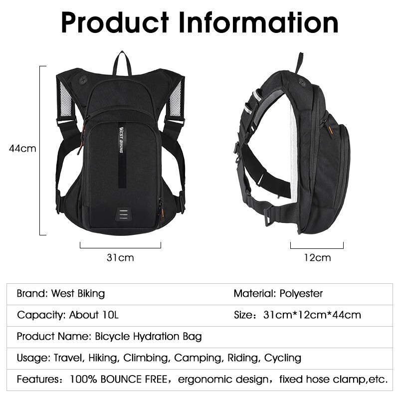 WEST BIKING 2L Water Bladder Bag 10L Cycling Hiking Hydration Pack Backpack