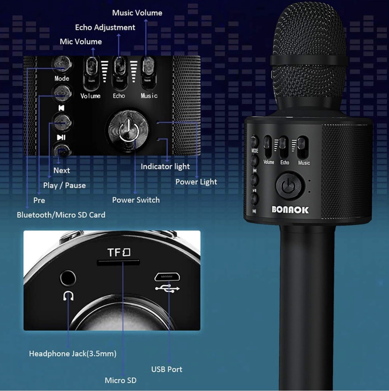 Bonaok Wireless Bluetooth Karaoke Microphone Portable Handheld Speaker Black