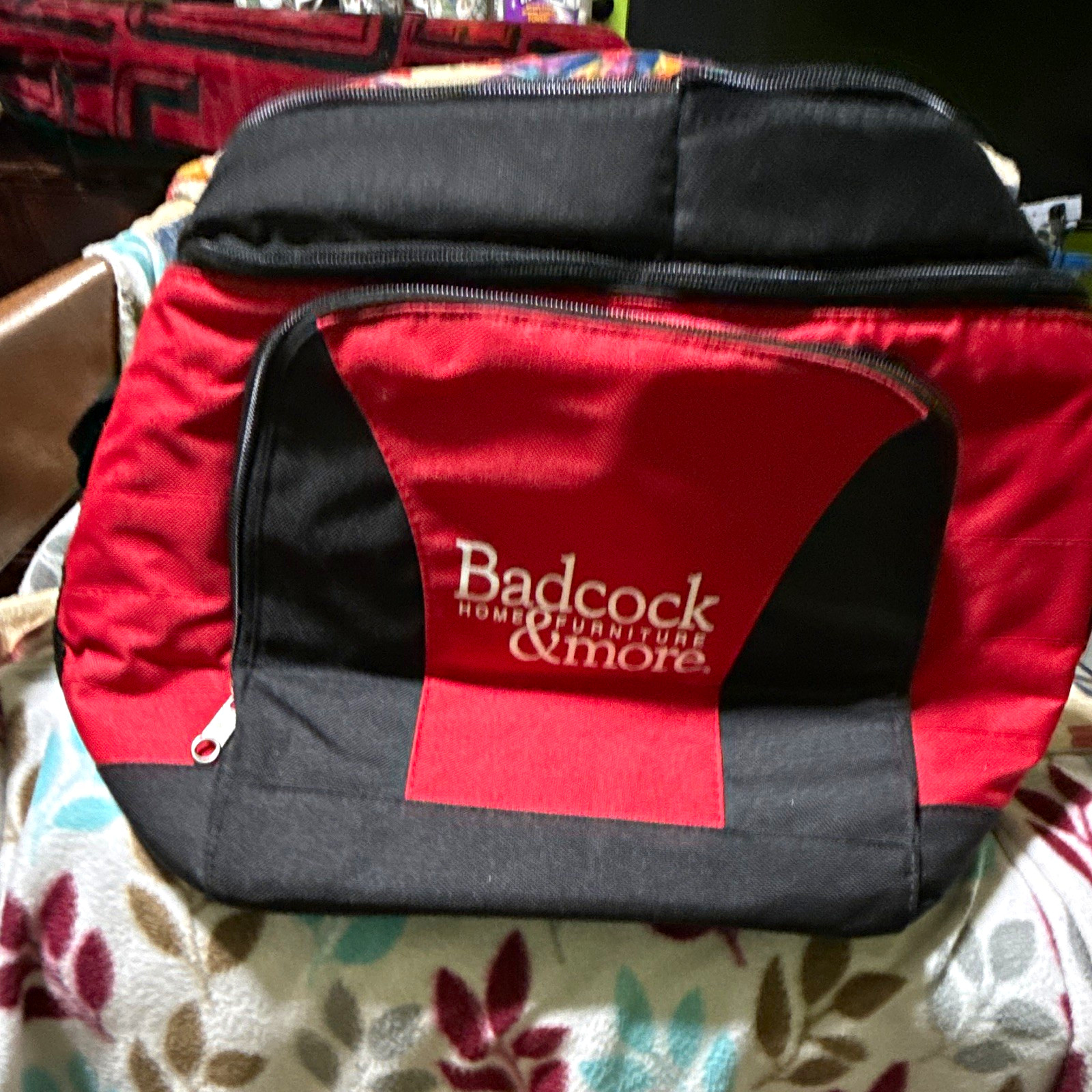 Badcock Home Furniture &more Soft-Sided Cooler Bag Red/Black Zipper Strap