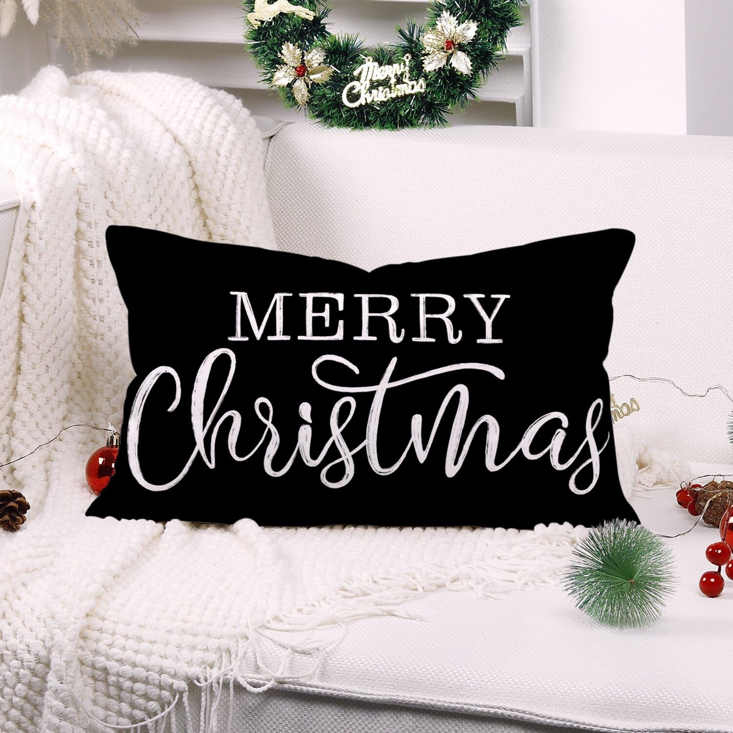 LOMCHEN Black Christmas Lumbar Pillow Cover 20" x 12" (Pack of 1),