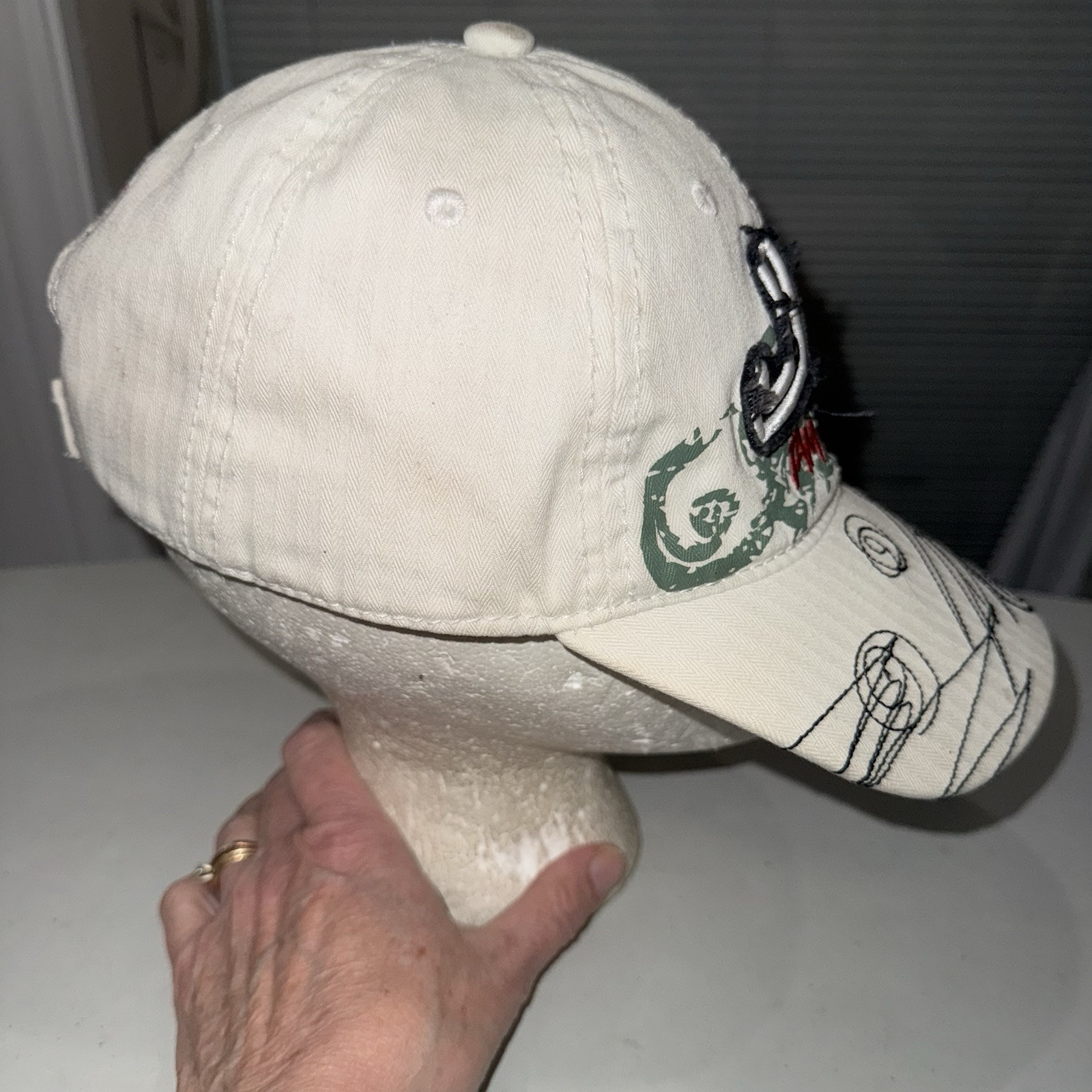 J A Jamaica w Distressed Letters Swirled embroidered bill Hat WhiteCap Hook Loop
