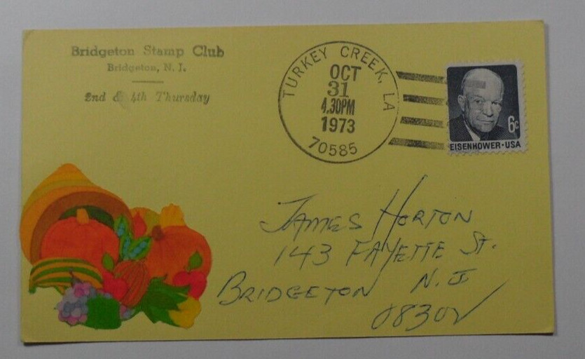 STAMPMART USA BRIDGETON STAMP CLUB 1973 HAND MADE PRIVATE POSTCARD USED LA TO NJ