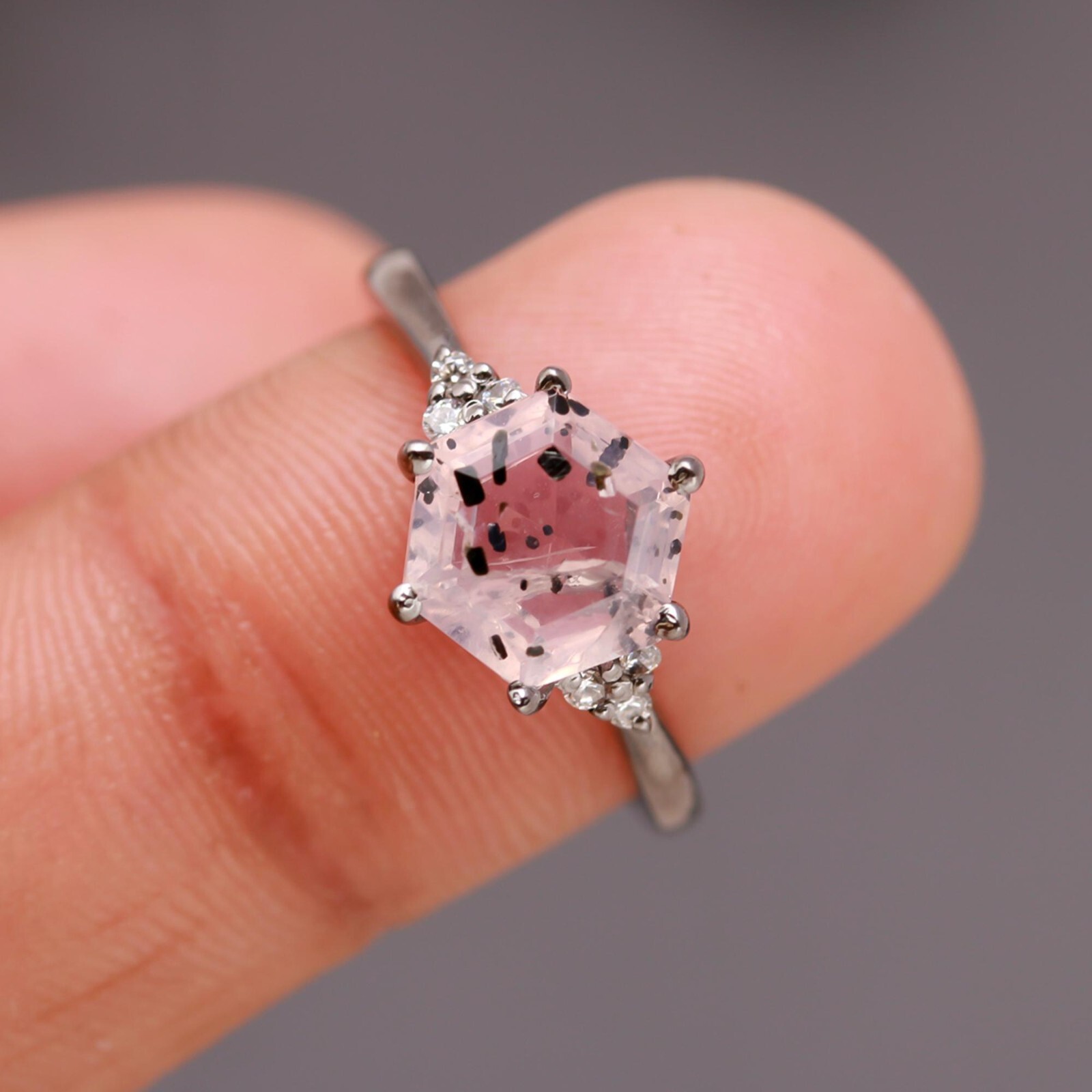 Natural Pink Dot Quartz Hexagon Shape Ring Solid Silver Black Oxidized Jewelry