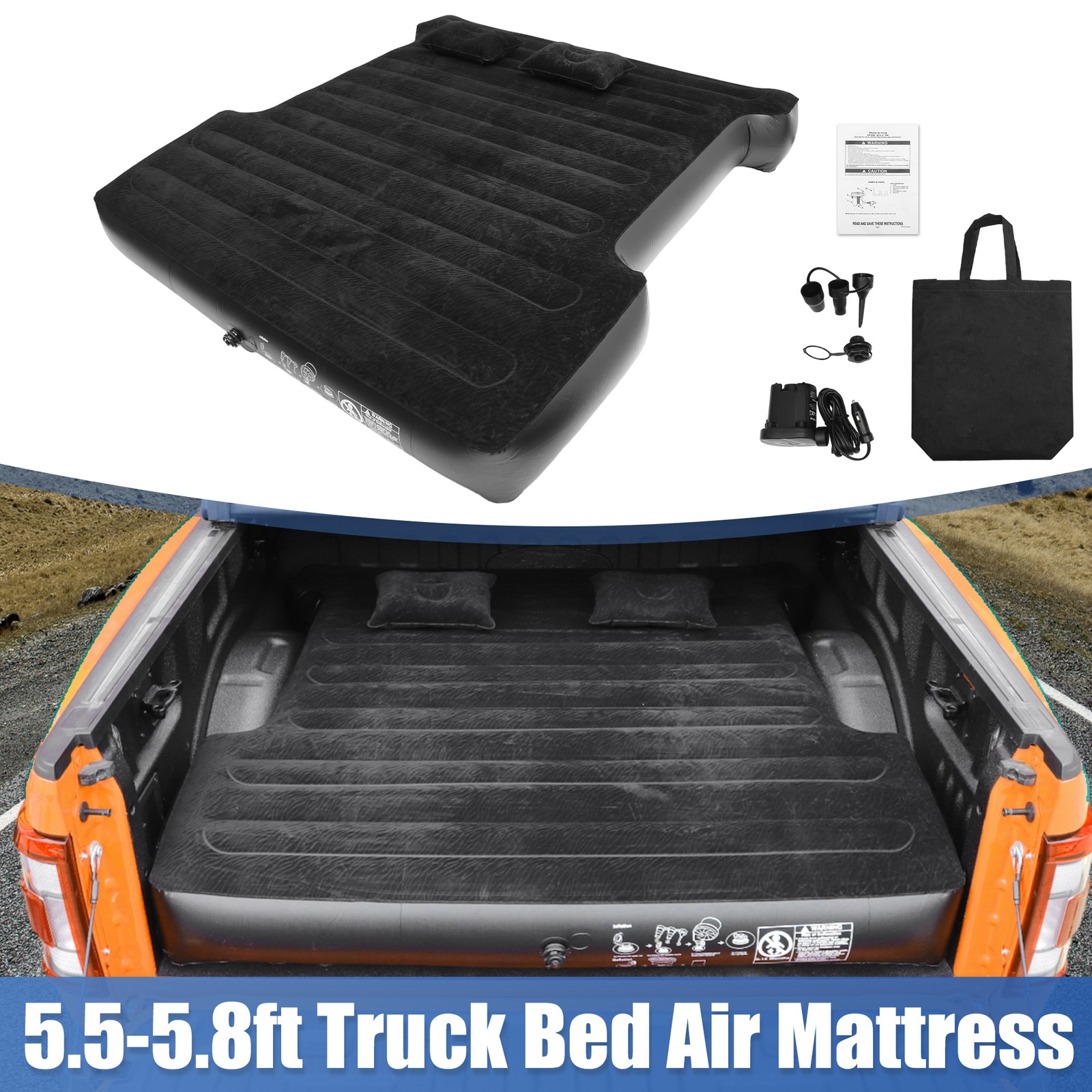 Inflatable 5.5ft-5.8ft Truck Air Mattress Bed Kit with Electric Air Pump Black