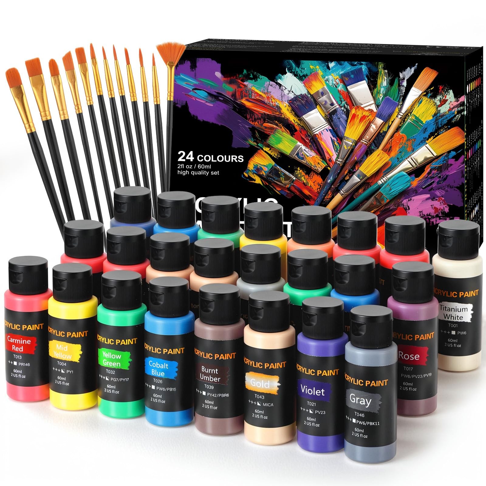 Acrylic Paint Set 24 Colors(2oz /60ml) with 12 0.08 Fl Oz (Pack of 24), 24