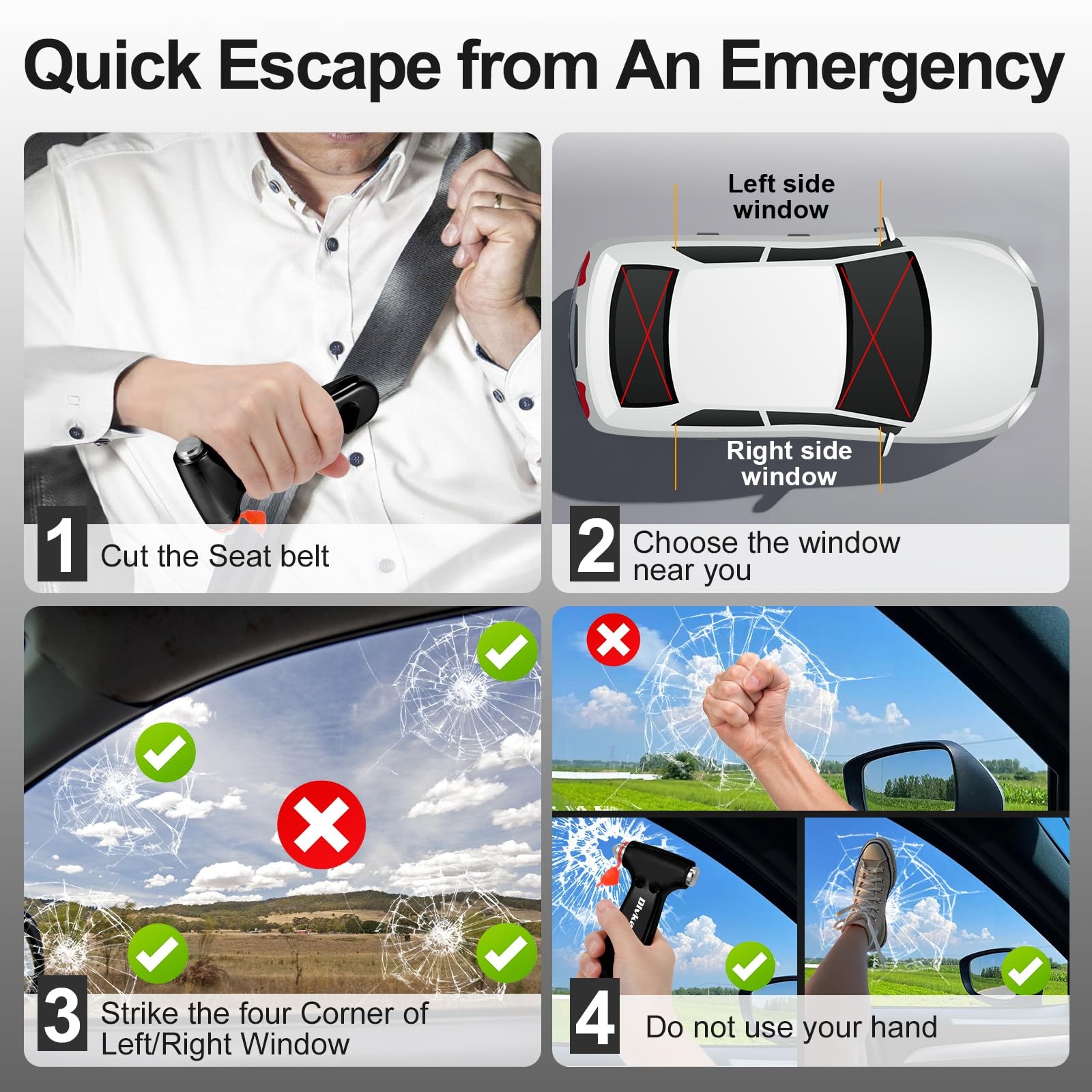 Car Safety Hammer, 3-in-1 Emergency Escape Tool with One Second Window Breake...