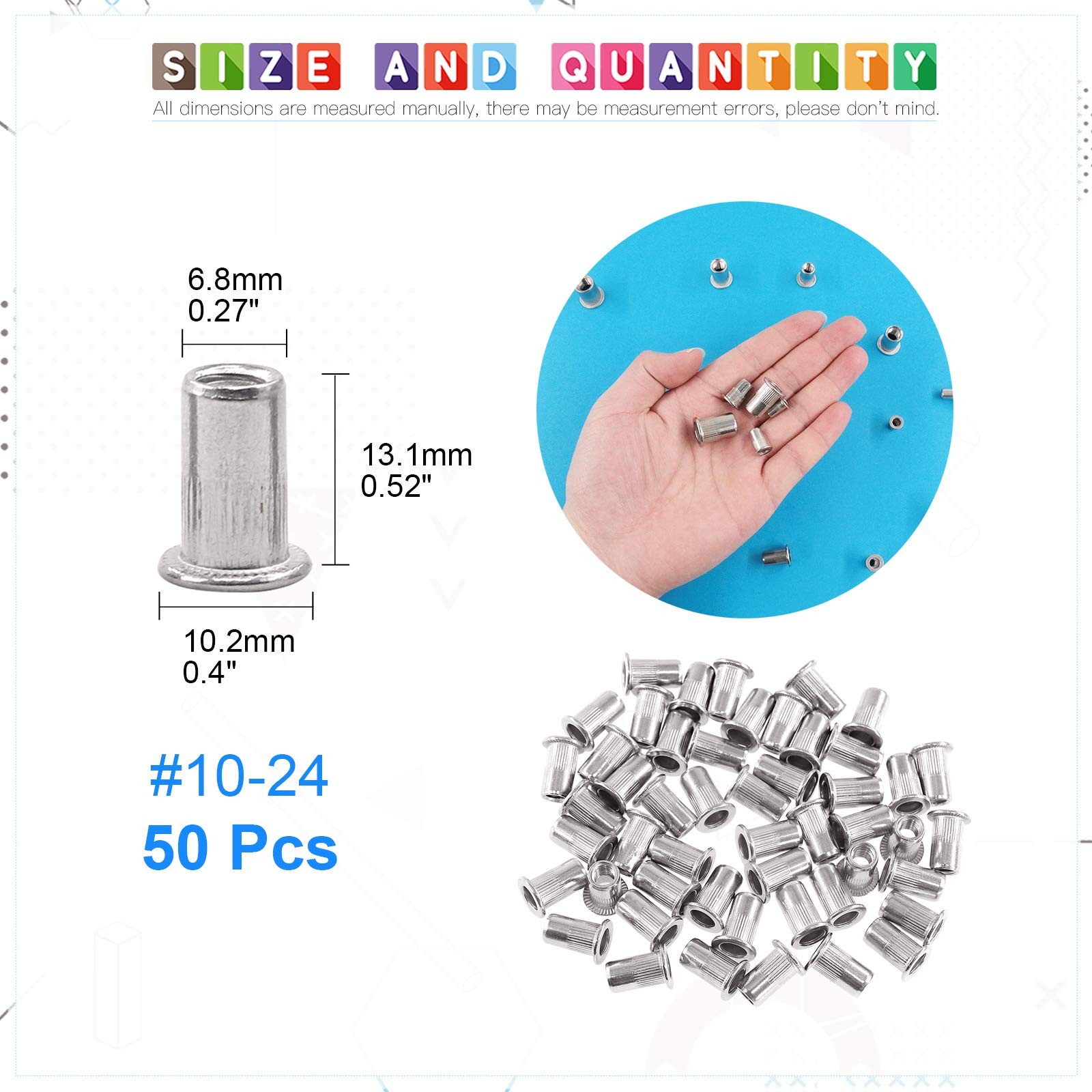 50 PCS #1024 UNC 304 Stainless Steel Rivet Nuts Flat Head Threaded Insert