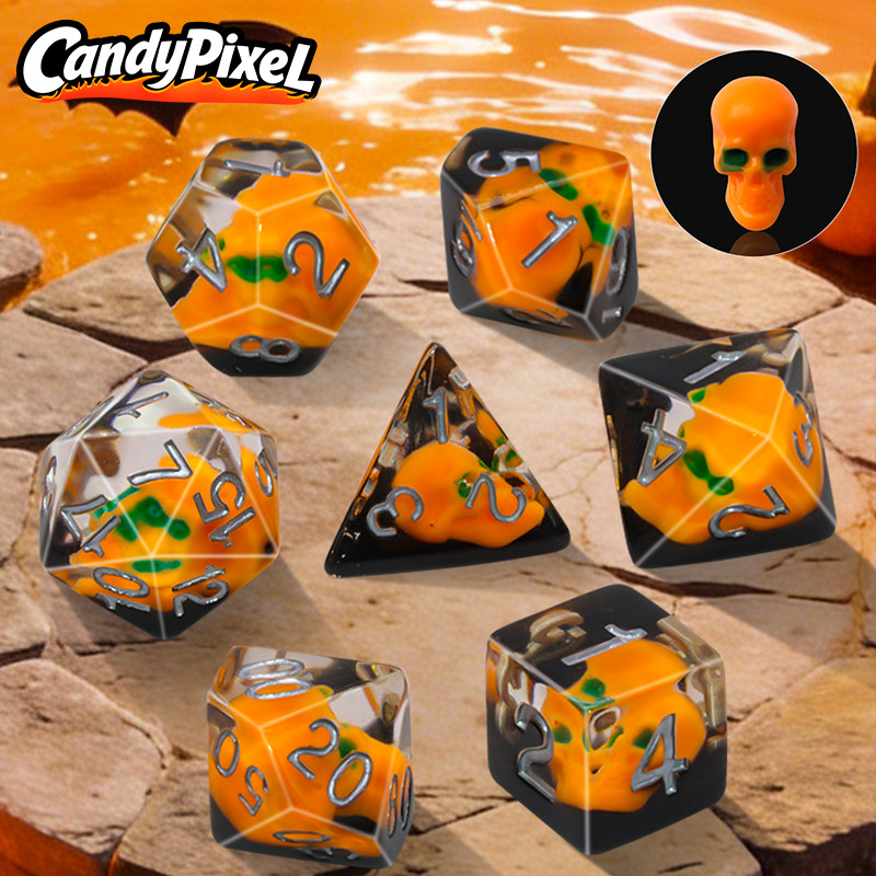 CANDYPIXEL 7Pcs Halloween Pumpkin Theme DND Dice Set Resin Dice Orange Skull