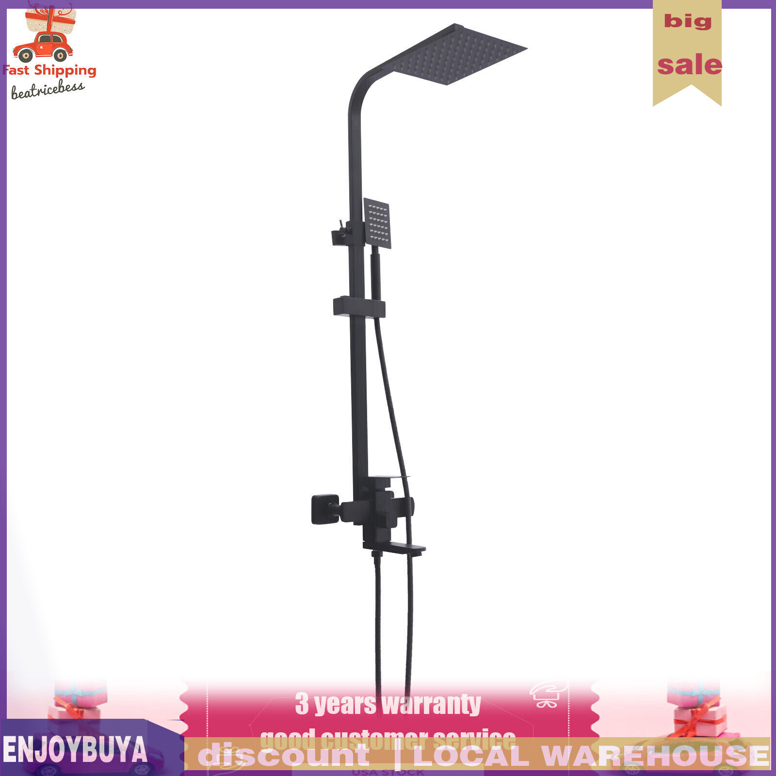 Shower Faucet Set System Rainfall Shower Head Handle Combo Kit Wall Mount Black