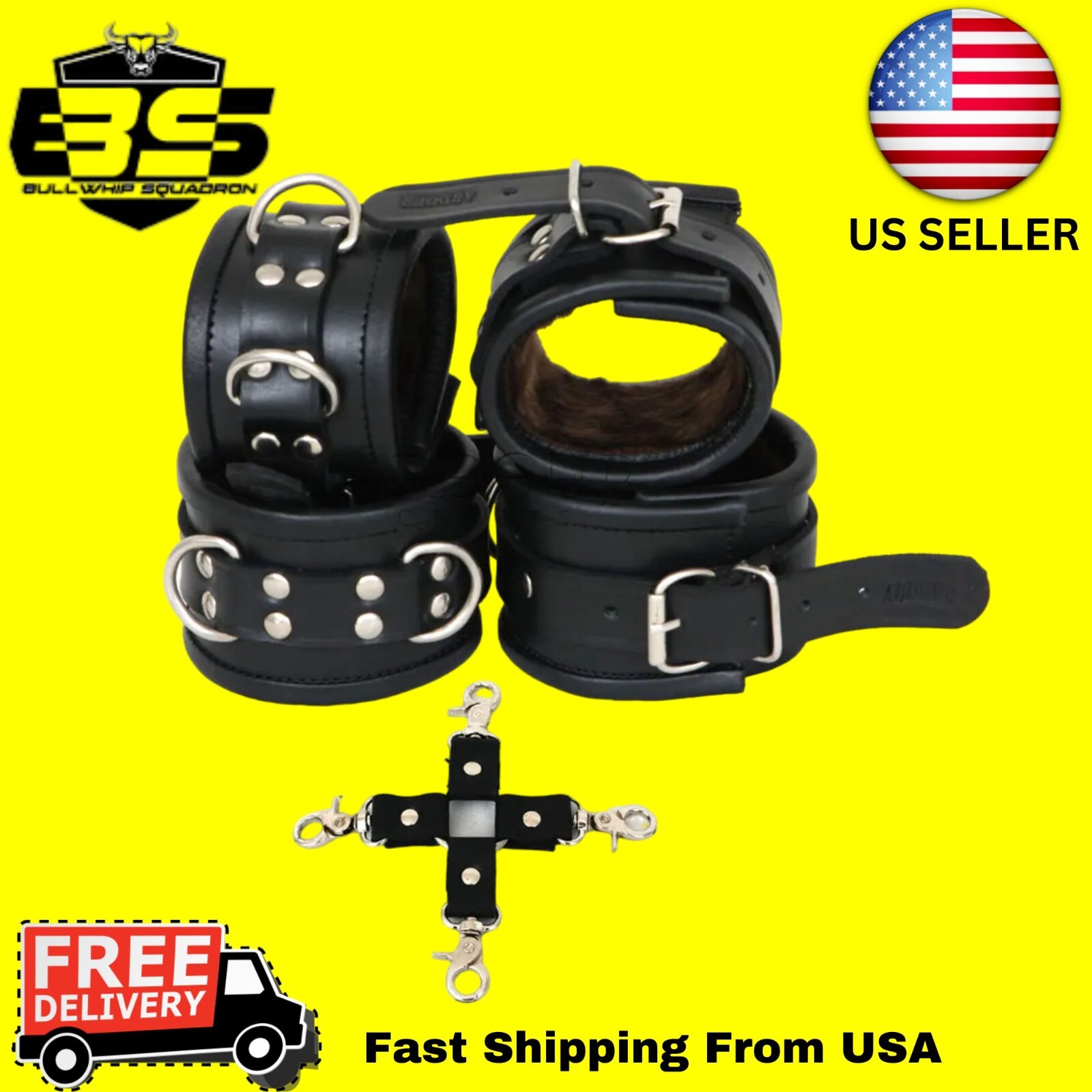 Real Cow Leather Wrist, Ankle, Thig Set Restraints Fur Lining Cuffs 4 Pieces