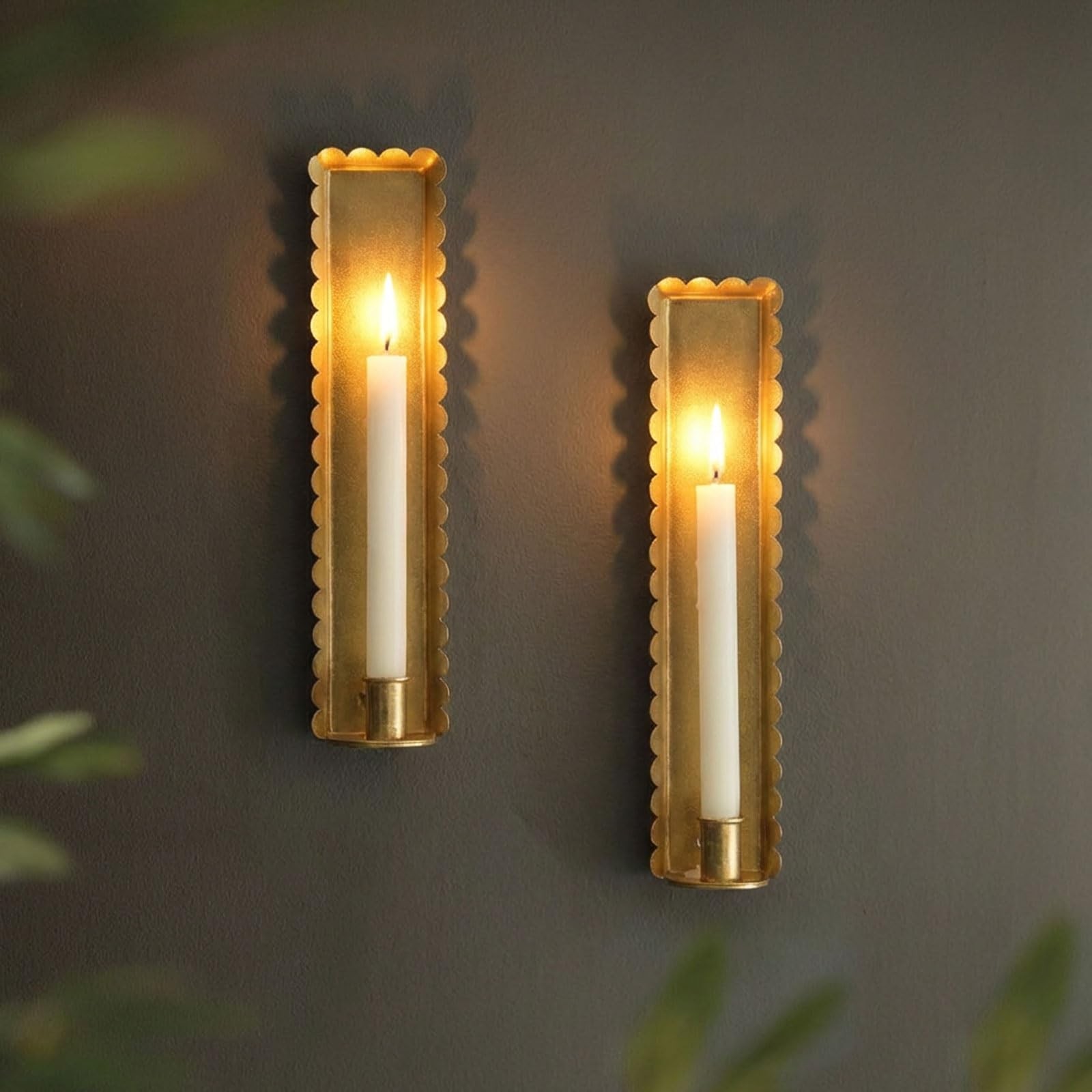 Gold Wall Candle Sconces Set of 2, Scalloped Edge Box-Shaped Cast Iron Farmho...