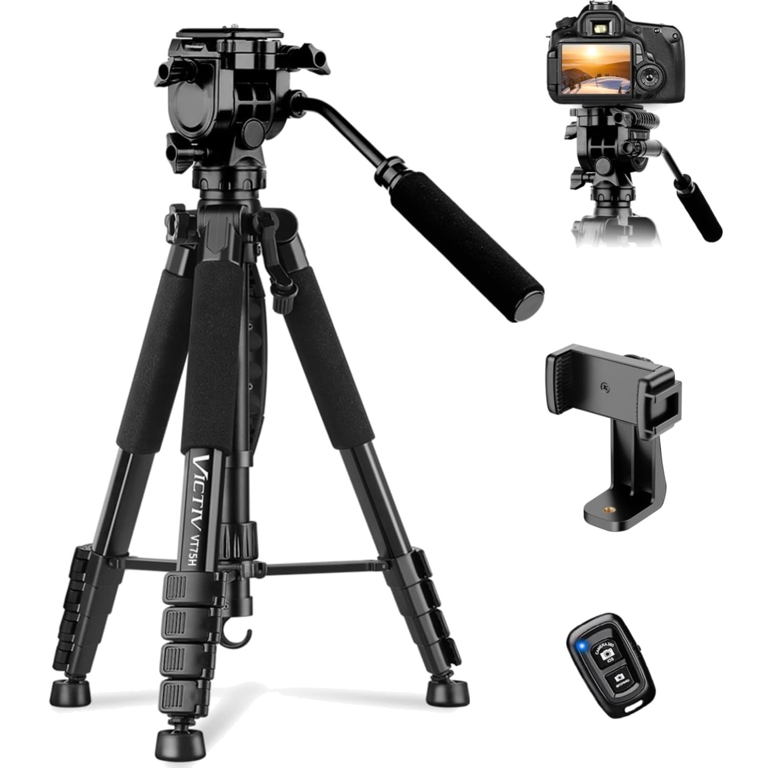 Camera Tripod, 75” Heavy Duty Tripod for Camera with Phone Holder and Travel ...