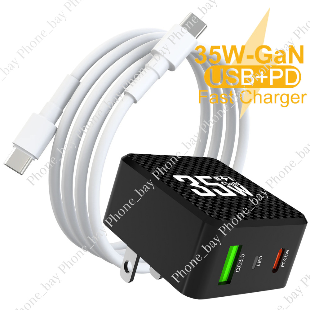 For Android iPhone 15 Pro PD Cable 35W GaN Fast Charger USB-C Power Adapter Cube
