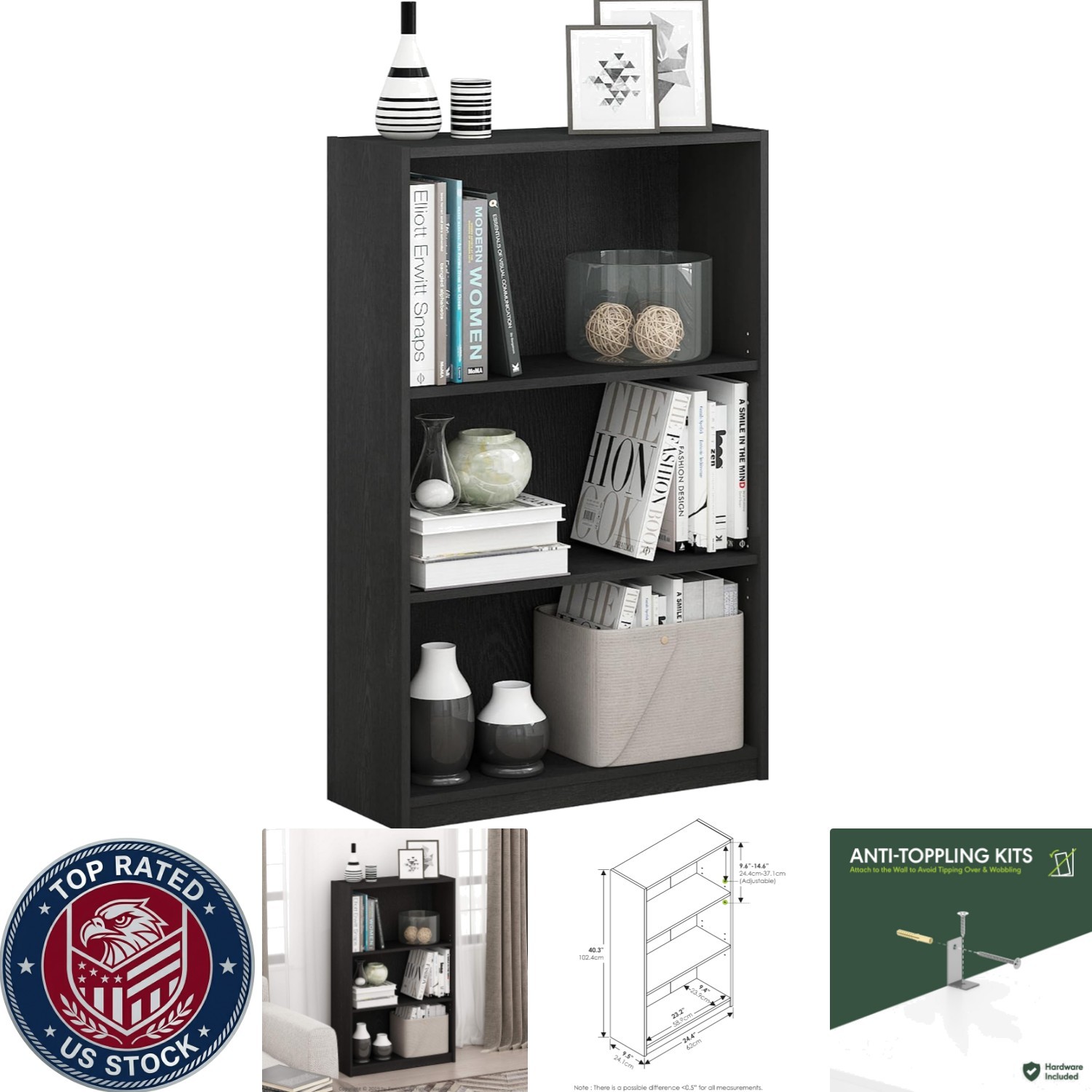 Sturdy 3-Tier Bookshelf with Easy Assembly - Ideal for Living Rooms & Offices