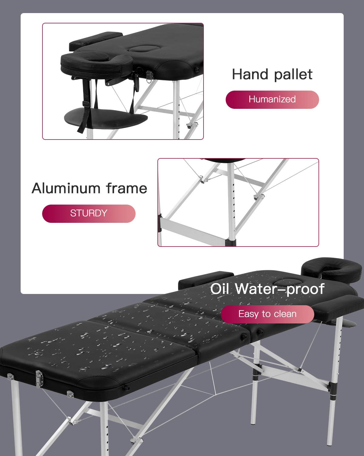 Adjustable Portable Aluminium Massage Table with Carry Case - 73 Inch Black