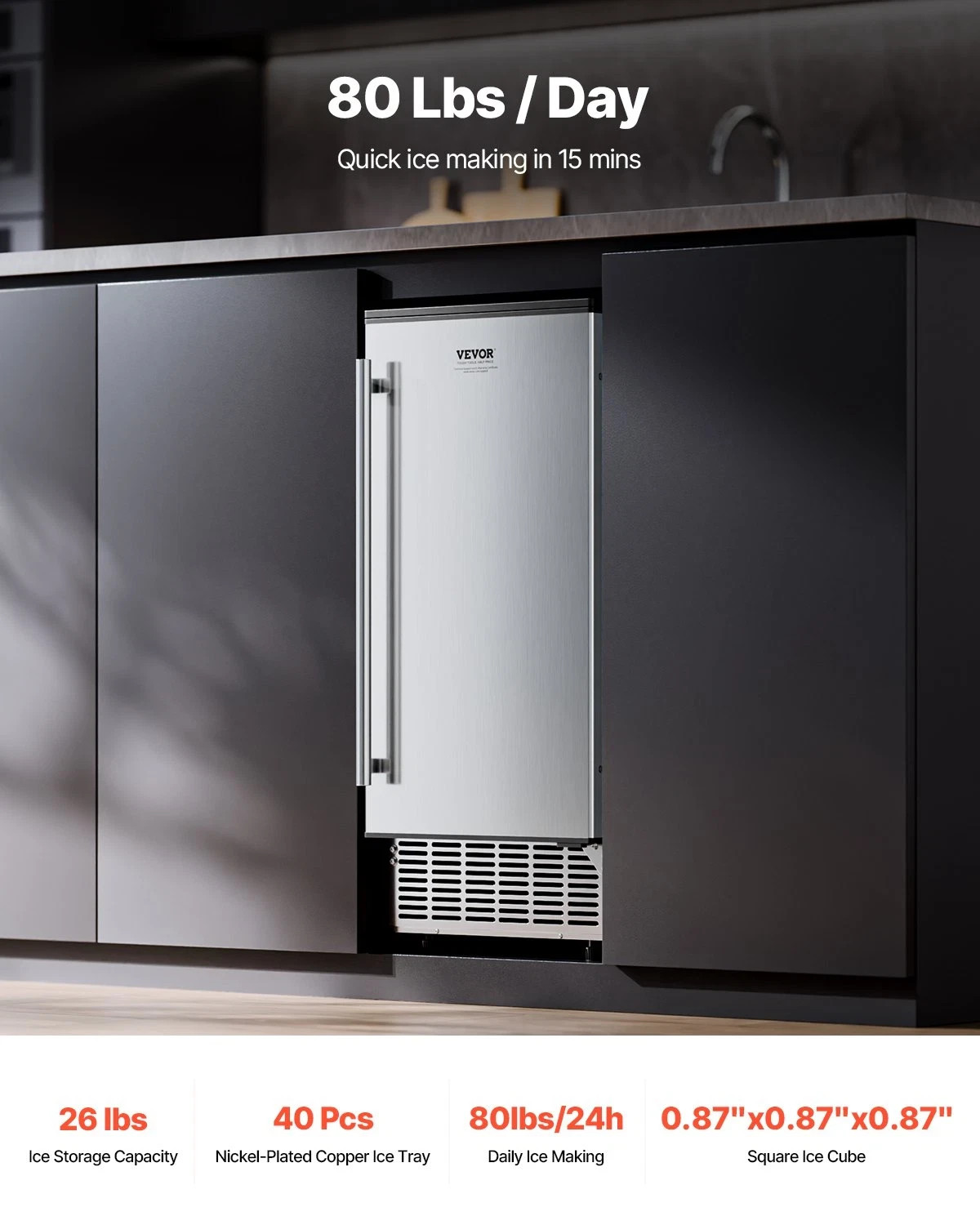 80LB/Day Built-In Ice Maker Under Counter Stainless Steel Reversible Door