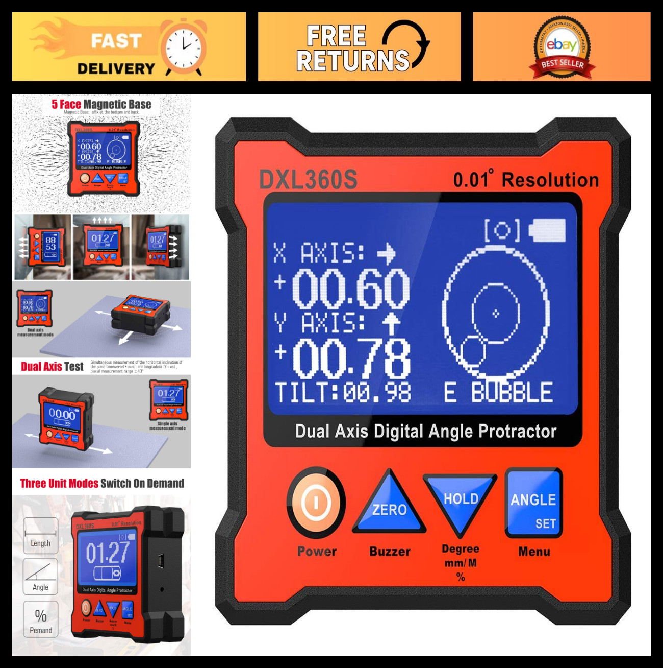 Dual Axis Digital Angle Protractor & Level Gauge, LCD Inclinometer, 0.01° Accura