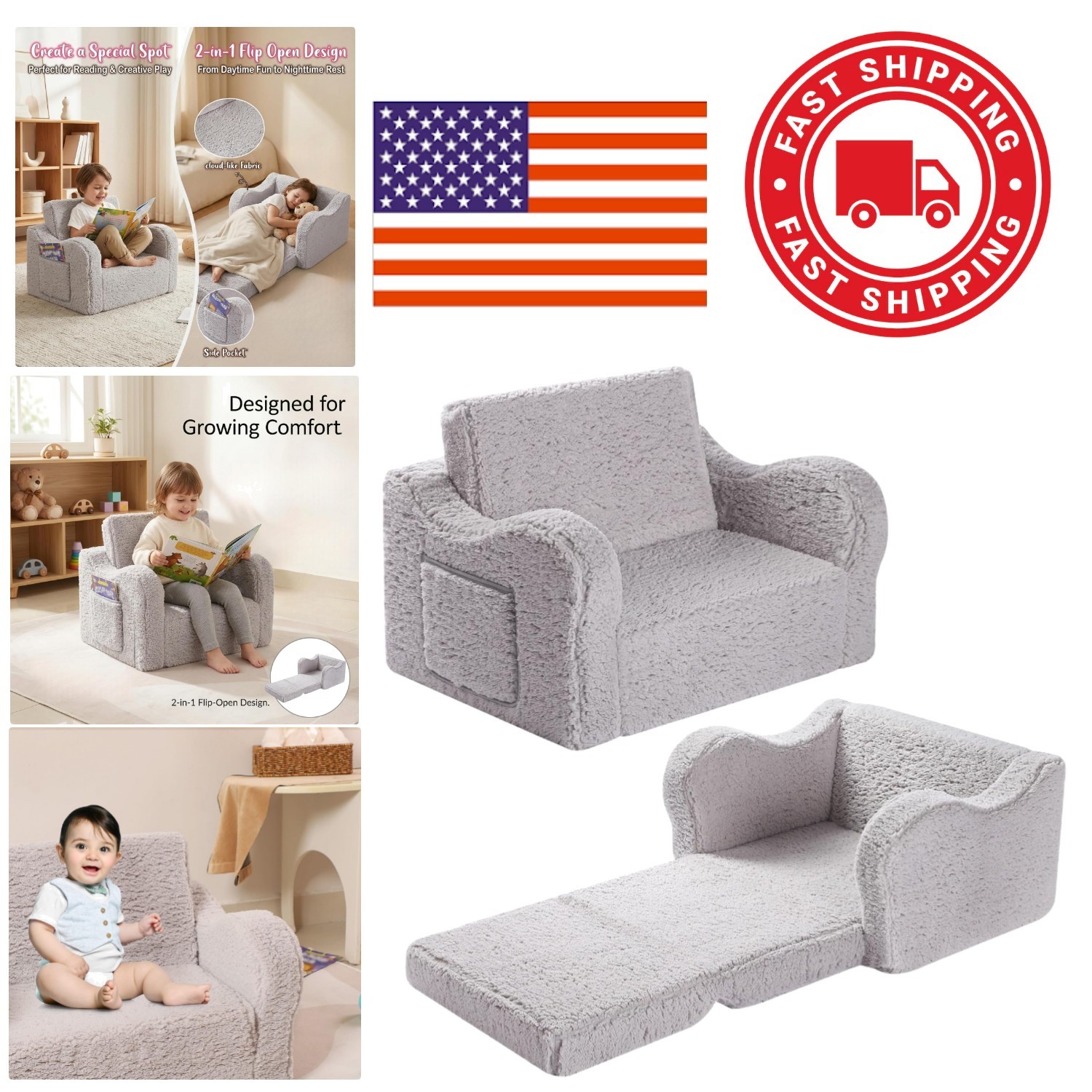 Kids Sofa Chair with Sherpa Cover Lightweight Flip Out Design for Indoor Fun