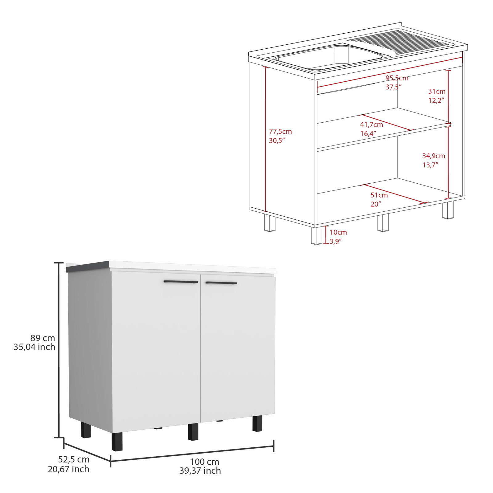 Alexandria 2 Piece Kitchen Set, Wall Cabinet + Utility Sink, White