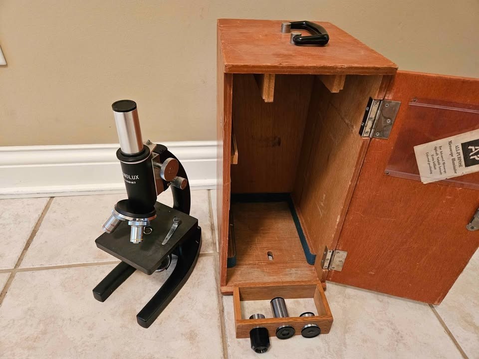 Vintage Monolux No. 108167 Microscope with Wooden Case w/ 3 Eyepieces