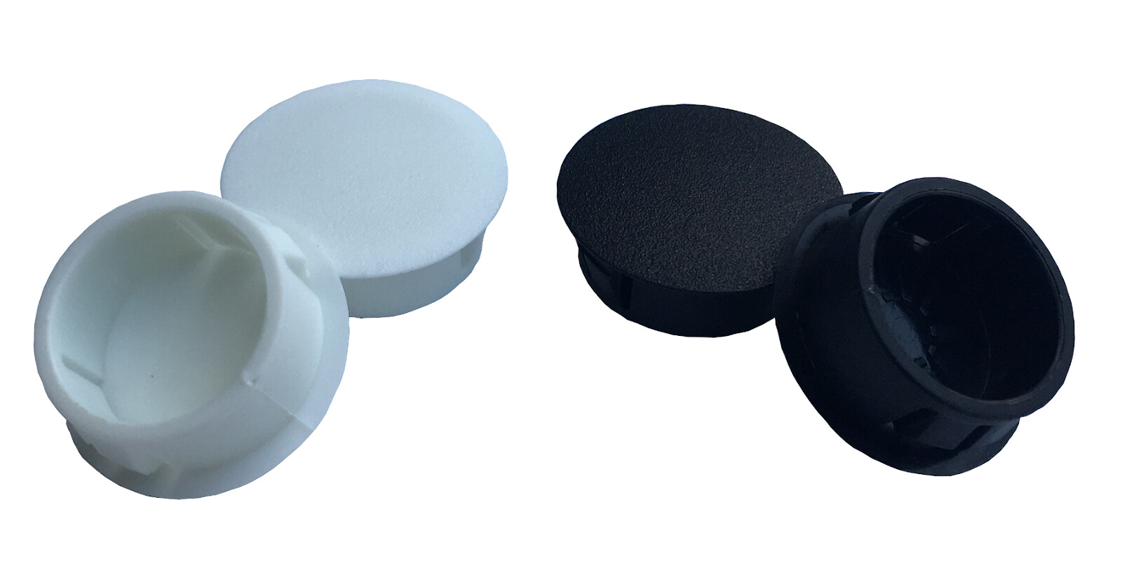 1 1/4 Locking Sheet Metal Panel Plug Caps for Holes - Round Black/White Plastic
