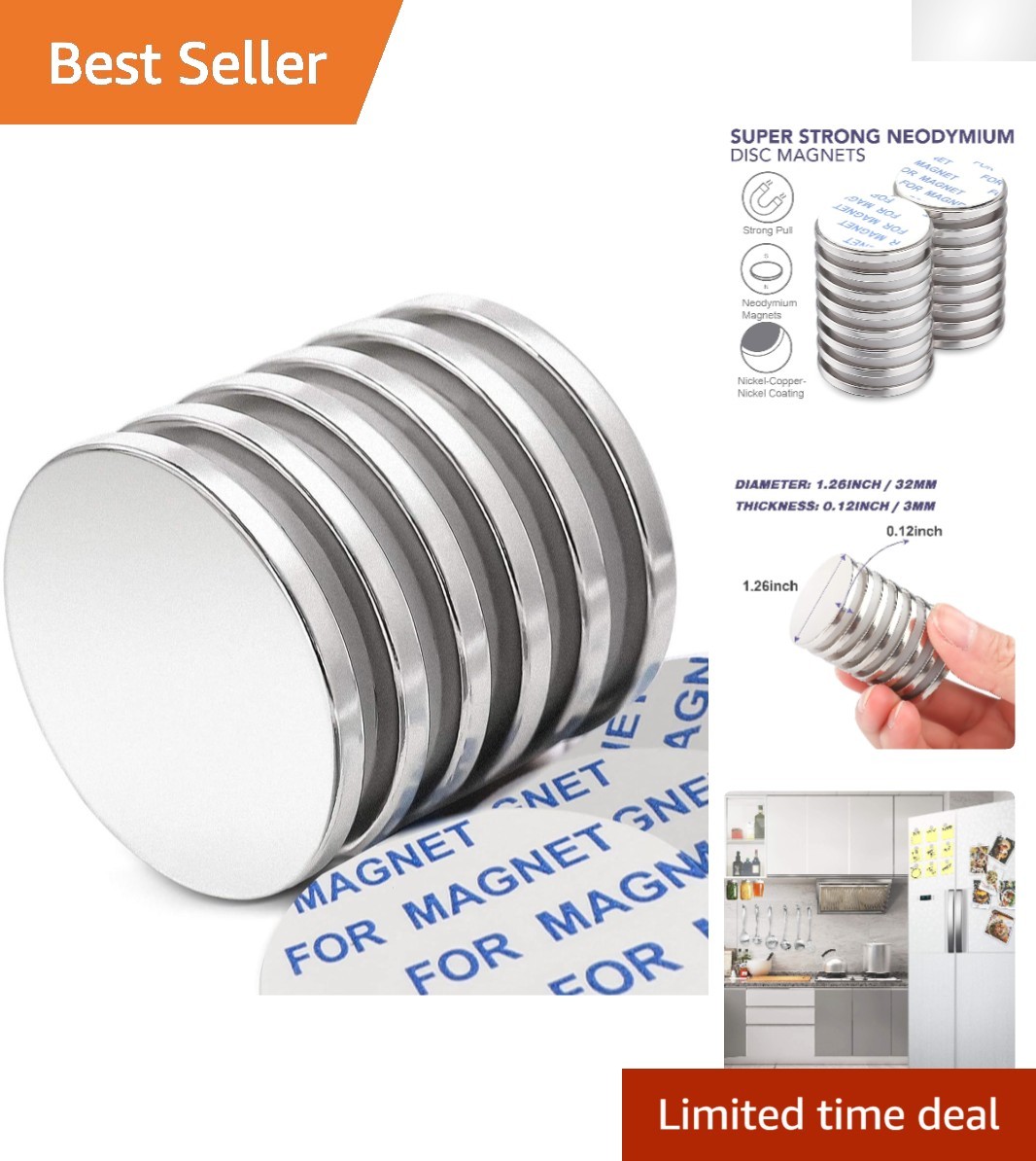 Super Strong 1.26in Rare Earth Magnets - 6 Pack with Double-Sided Adhesive