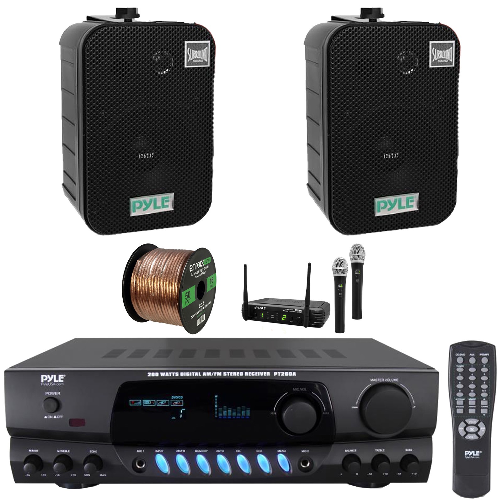 Pyle AM/FM Display Audio Receiver, 2x 5.25" 400W Waterproof Speakers, Mic System