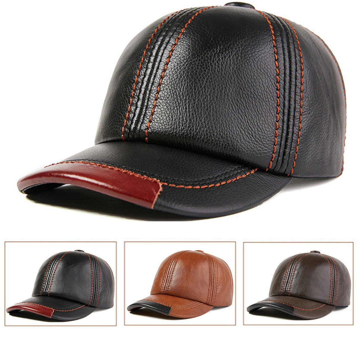 Men Leather Hat Cowhide Baseball Cap Golf Hat Winter Warmer Dad Hat Adjustable
