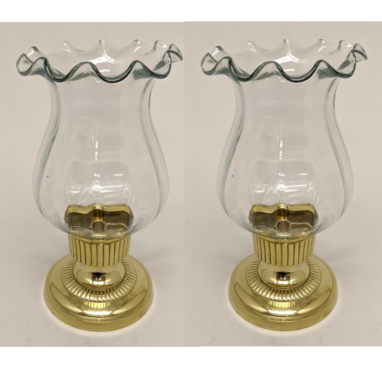 Candle Holder 4.5"D 8"Hi Set/2 Fluted Brass Base with Glass Shade FREE SHIPPING