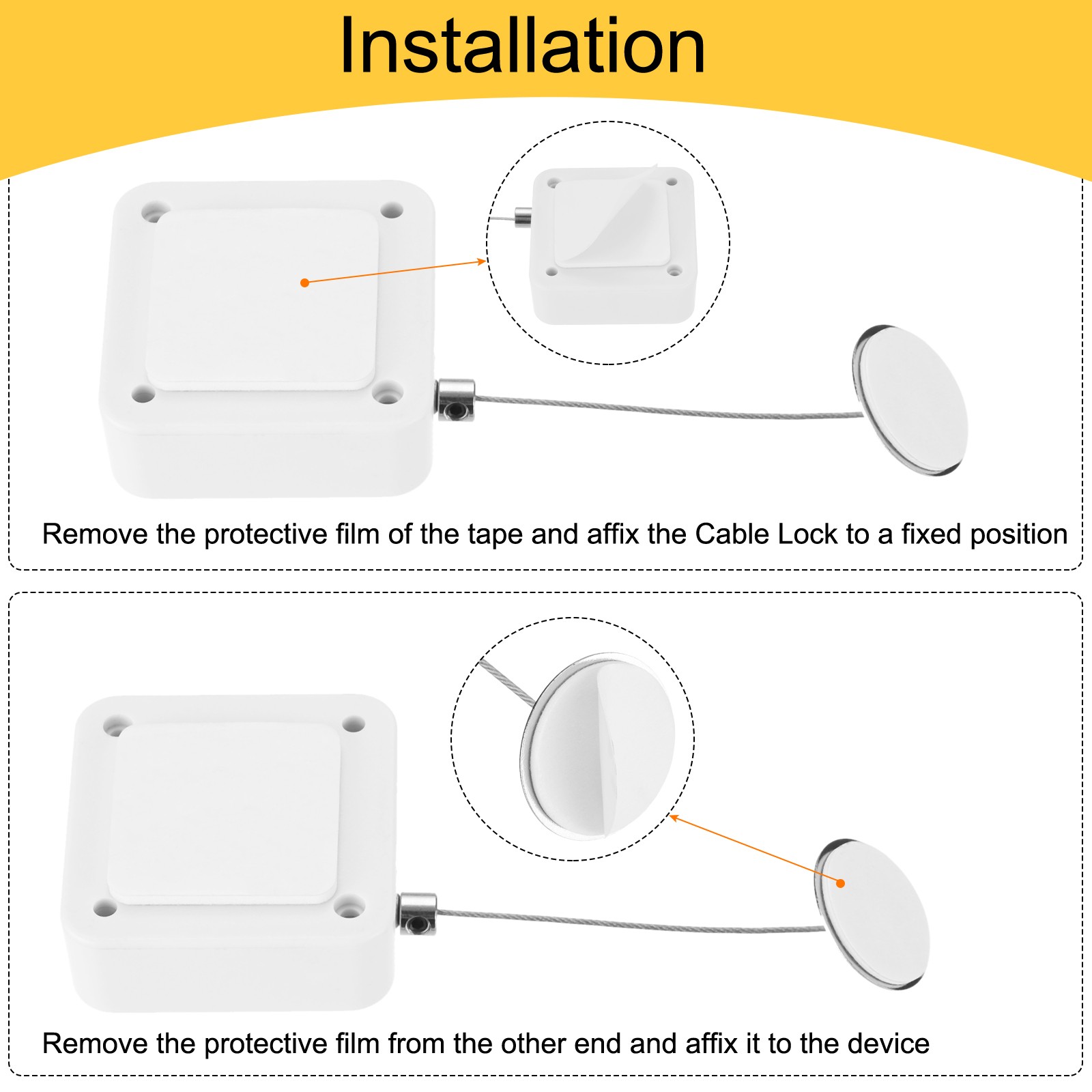 3.3 ft Retractable Cable Security Lock with Round Patch 600g, White, 3 Pack