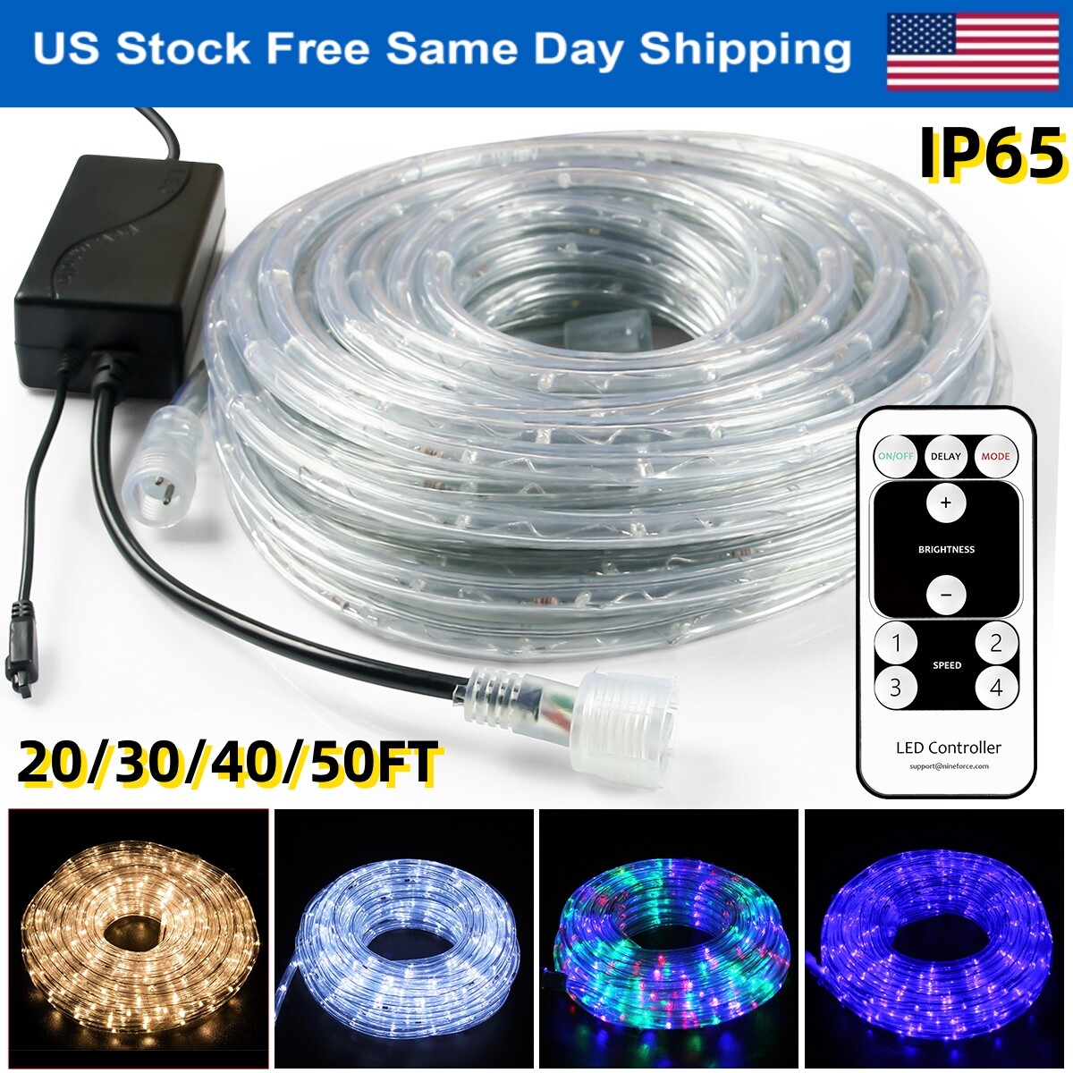 20-50' Outdoor/Indoor LED Rope Light 4-Lighting Mode Lights Flexible with Remote