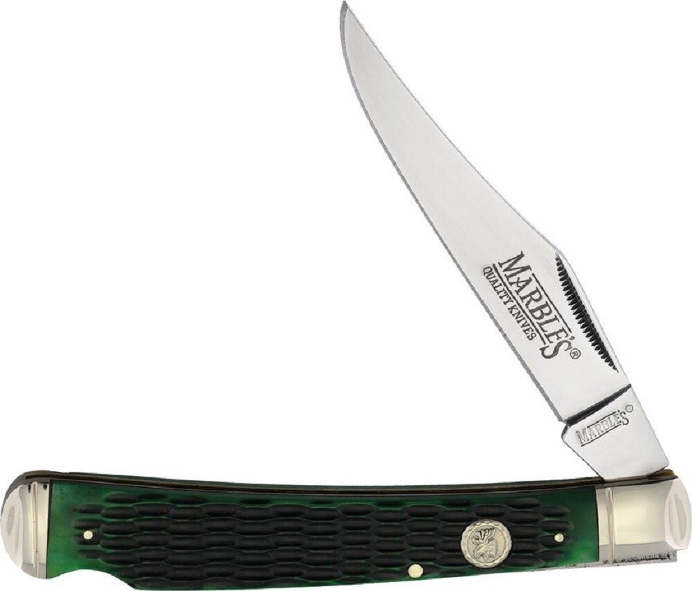 Marbles Large Hunter Lockback Folding Pocket Knife w/ Green Jigged Bone Handle