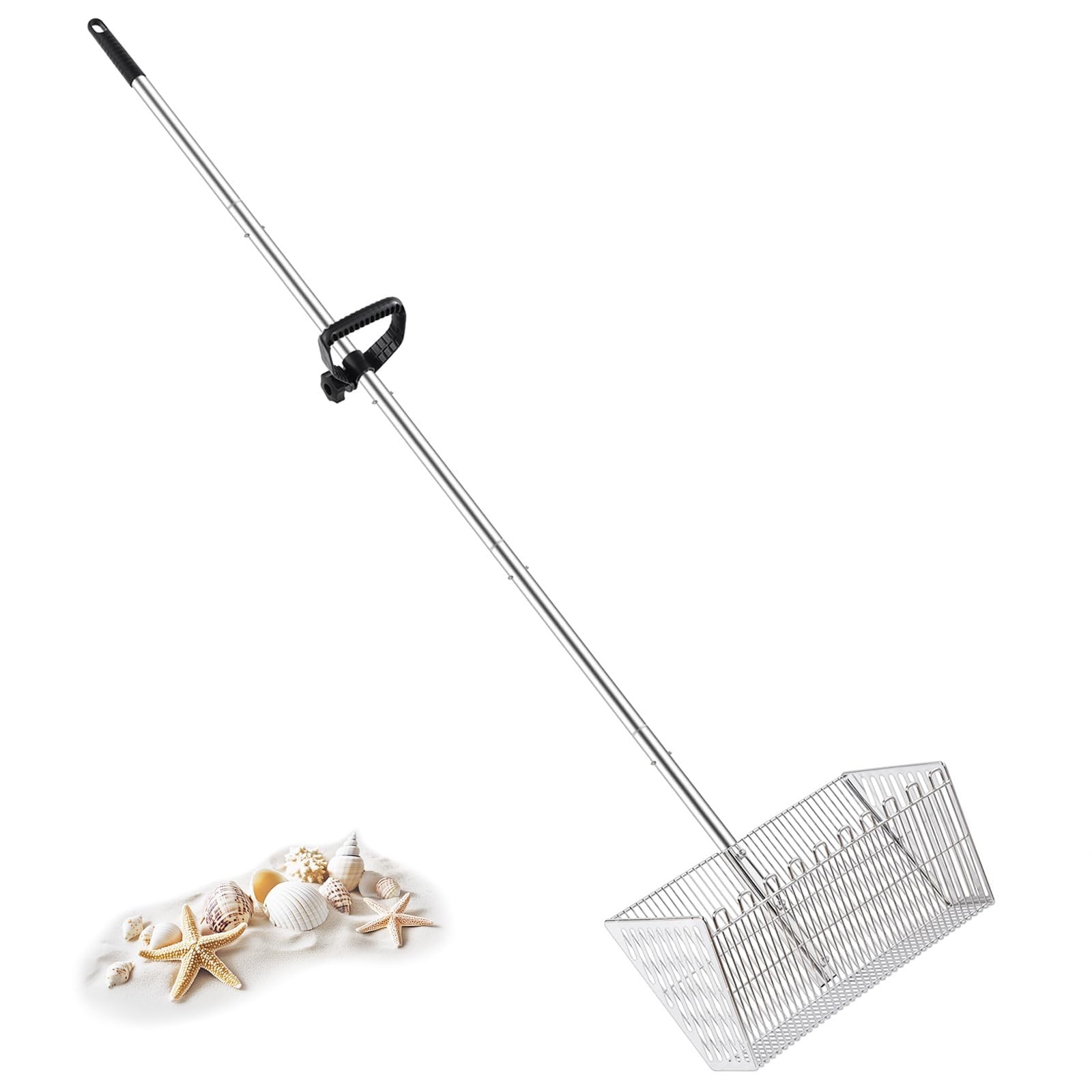 MarchingGreen Sand Flea Rake for Beach: 70in Handle Stainless Steel Silver