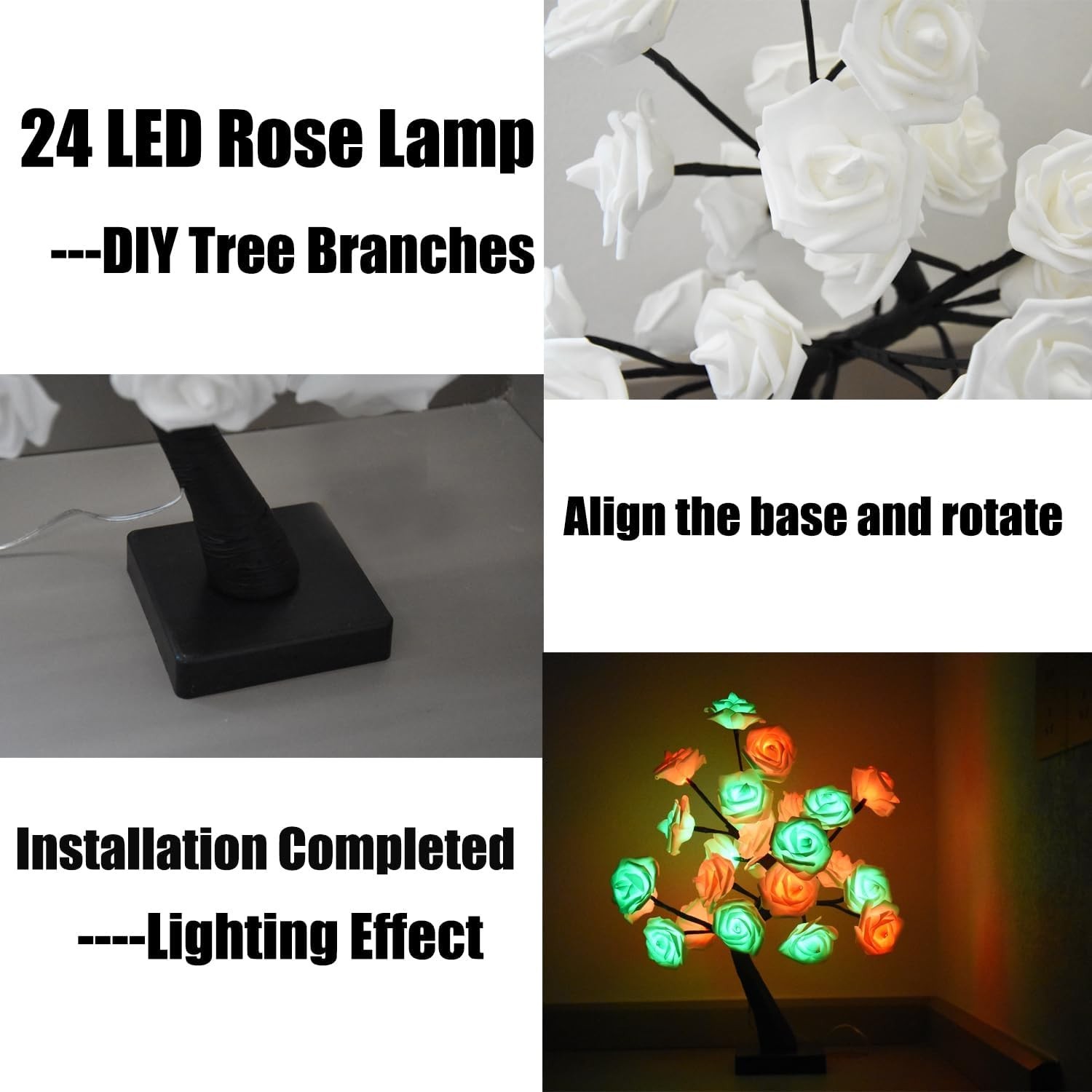 24 LED Rose Tree Lamp,Color Changing Artificial Rose Lamp with Remote,USB..