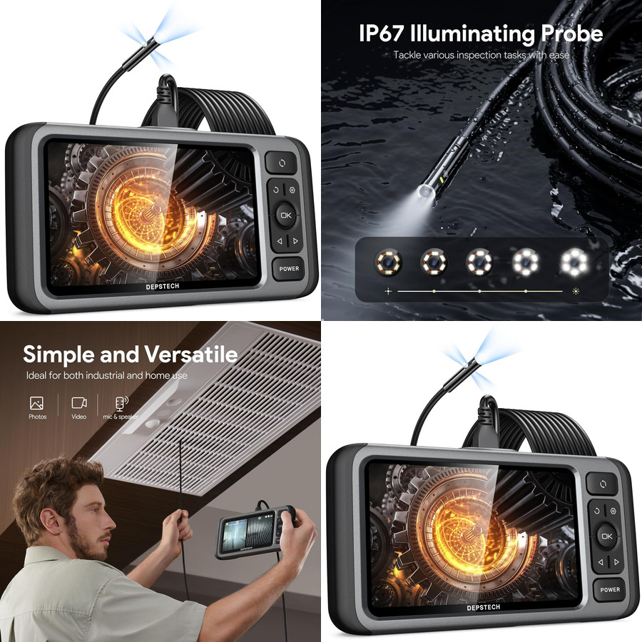 Inspection Camera 5" Endoscope Borescope 1080P Triple Lens Light Audio Record