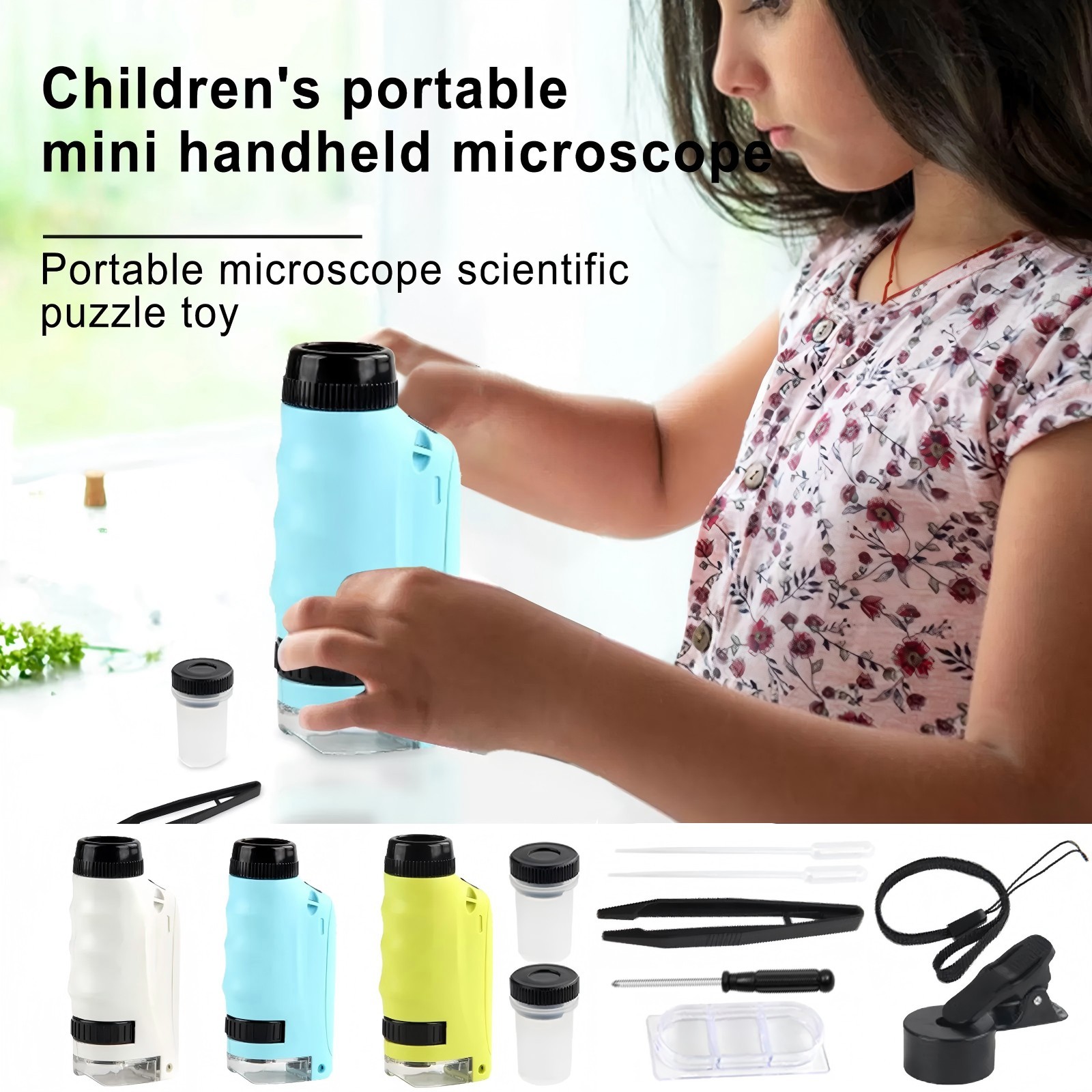 Mini Microscope For Kids Portable Microscope LED Lighting Small Handheld White