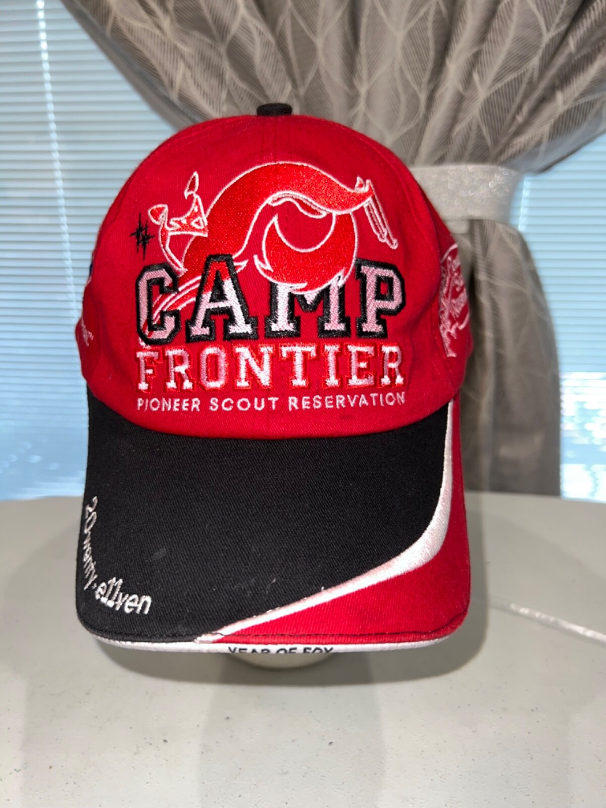 Camp Frontier Pioneer Scout Reservation 2011 BSA Red Black Hat Cap Hook Loop EUC