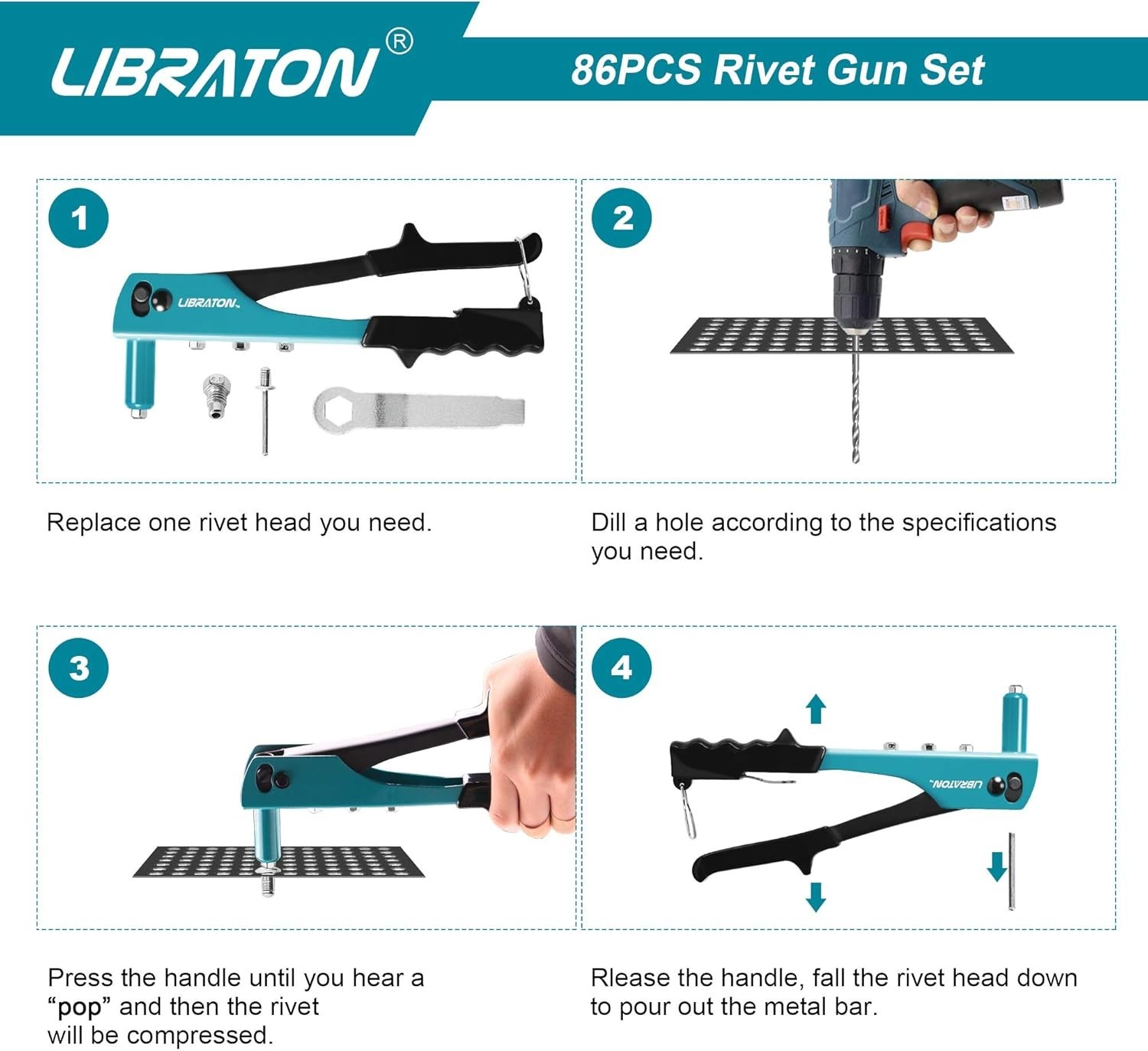 Lightweight Rivet Gun Kit - Professional Tool with 80 Metal Rivets & Drill Bits