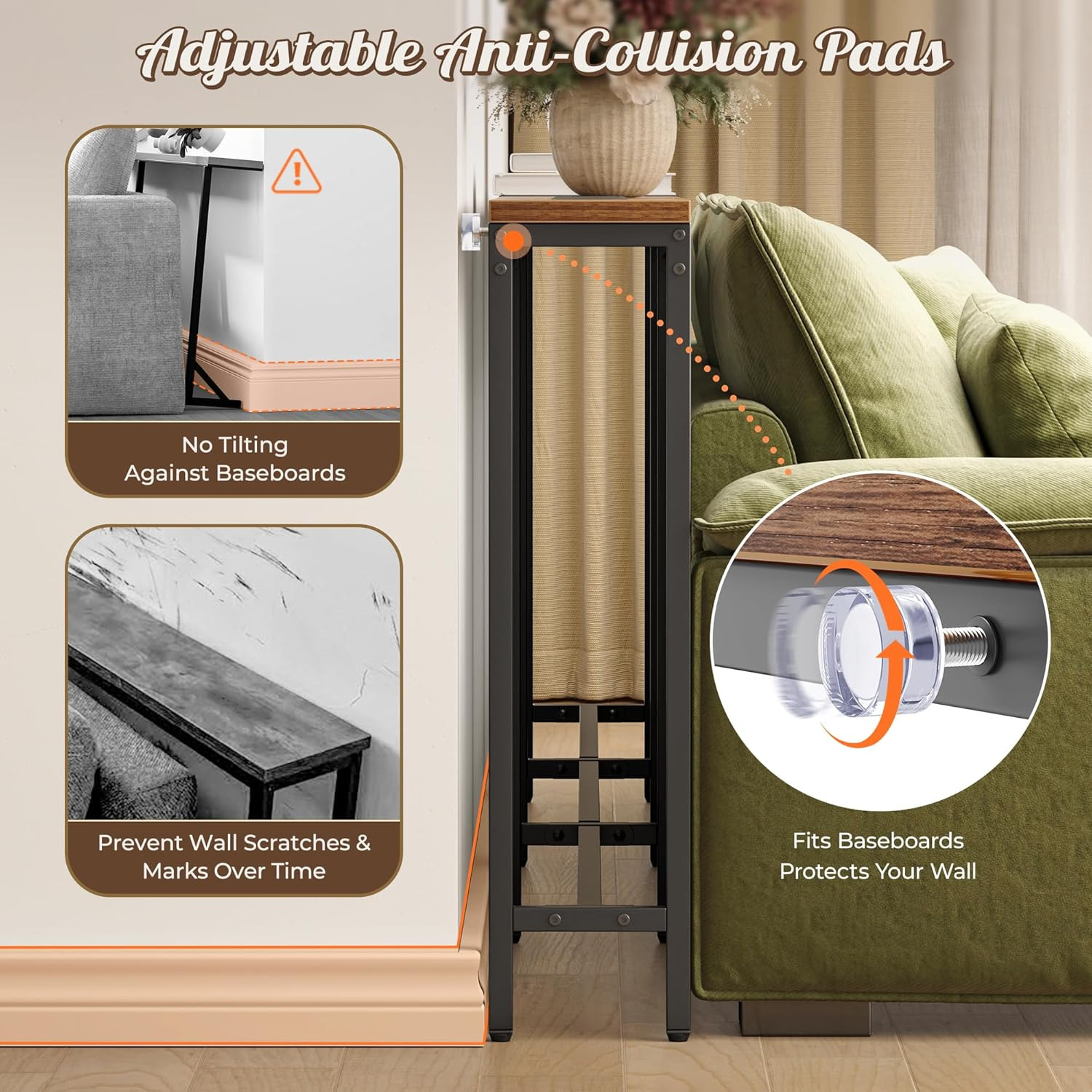 Narrow Sofa Table with 2 Power Outlets, 86.6-110.2 Inch Adjustable Length, behin
