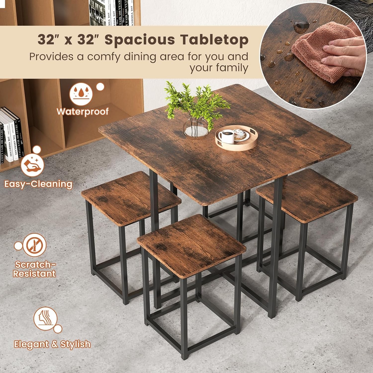Compact Dining Table Set for 4, Small Kitchen Table Set with Square Stools and